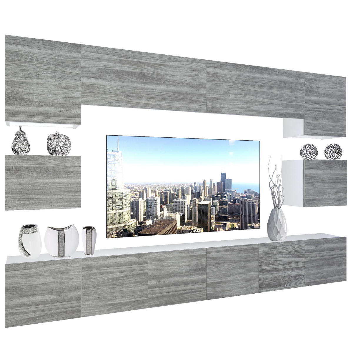WOHNZIMMERWAND Schrankwand mit LED Glamour Holz - Grau, Holz (300/180/36cm) - B BELINI GROUP