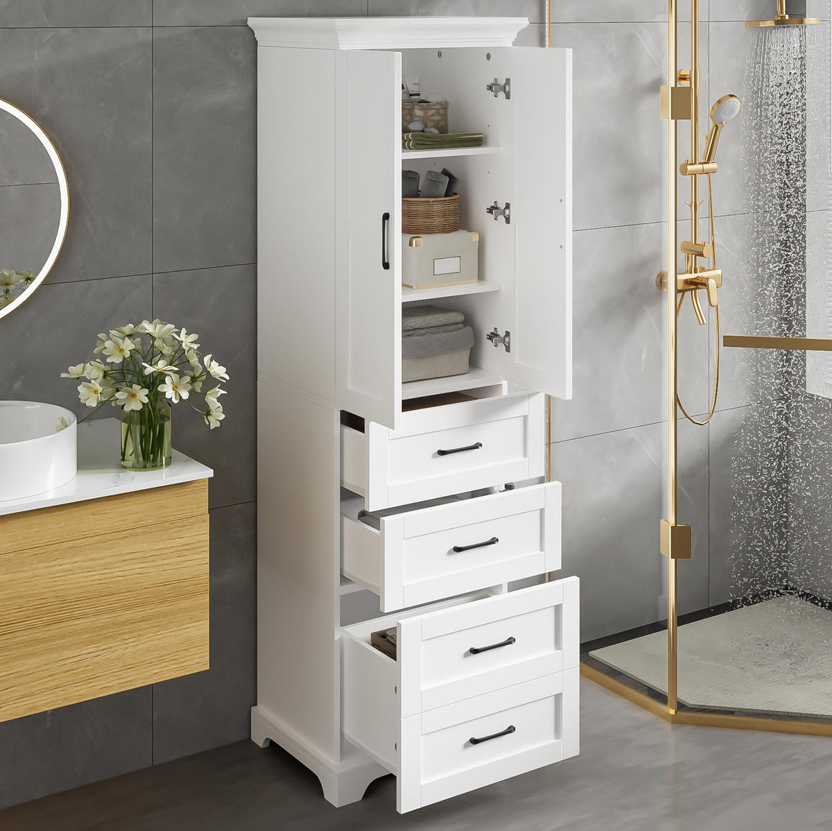 BADEZIMMERSCHRANK 57x38x180 cm Weiß aus Holzwerkstoff mit 3 Schubladen - Weiß, Holzwerkstoff (57/180/38cm) - Modfu