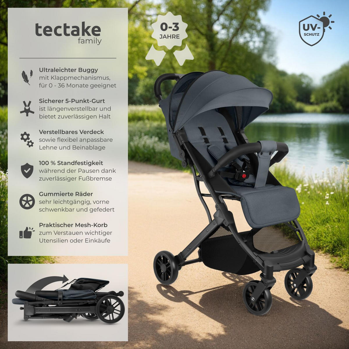 BUGGY-KINDERWAGEN Finn,für 0 bis 36 Monate geeignet, Belastbarkeit 15 kg,anthrazit - Anthrazit, Textil (95/51/105cm) - tectake