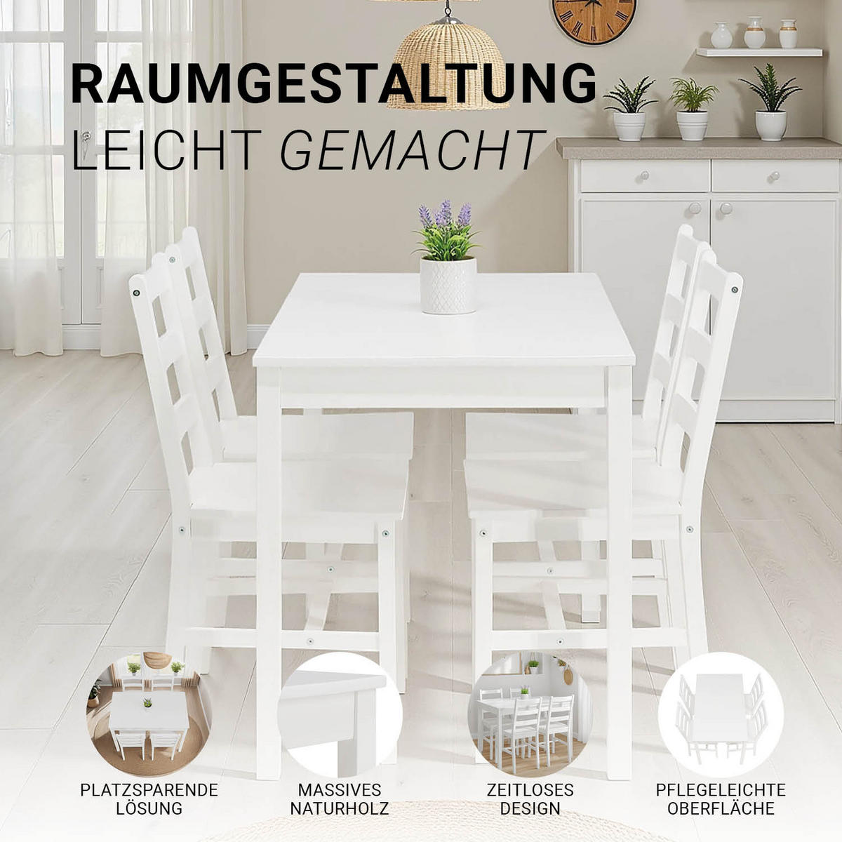 TISCHGRUPPE 108x65 cm weiß mit 4 Stühlen - Grau, Holz (65/86/108cm) - Homestyle4u