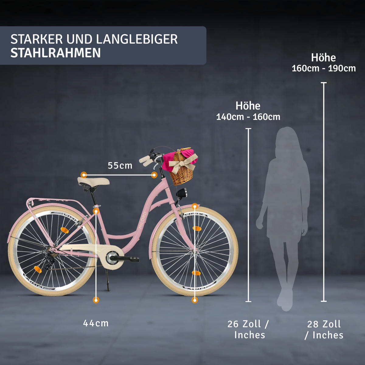CITY-FAHRRAD Milord mit Weidenkorb, 28 Zoll, Rosa-Creme, 7-Gang - Pink/Creme, Metall (46cm) - Milordbikes