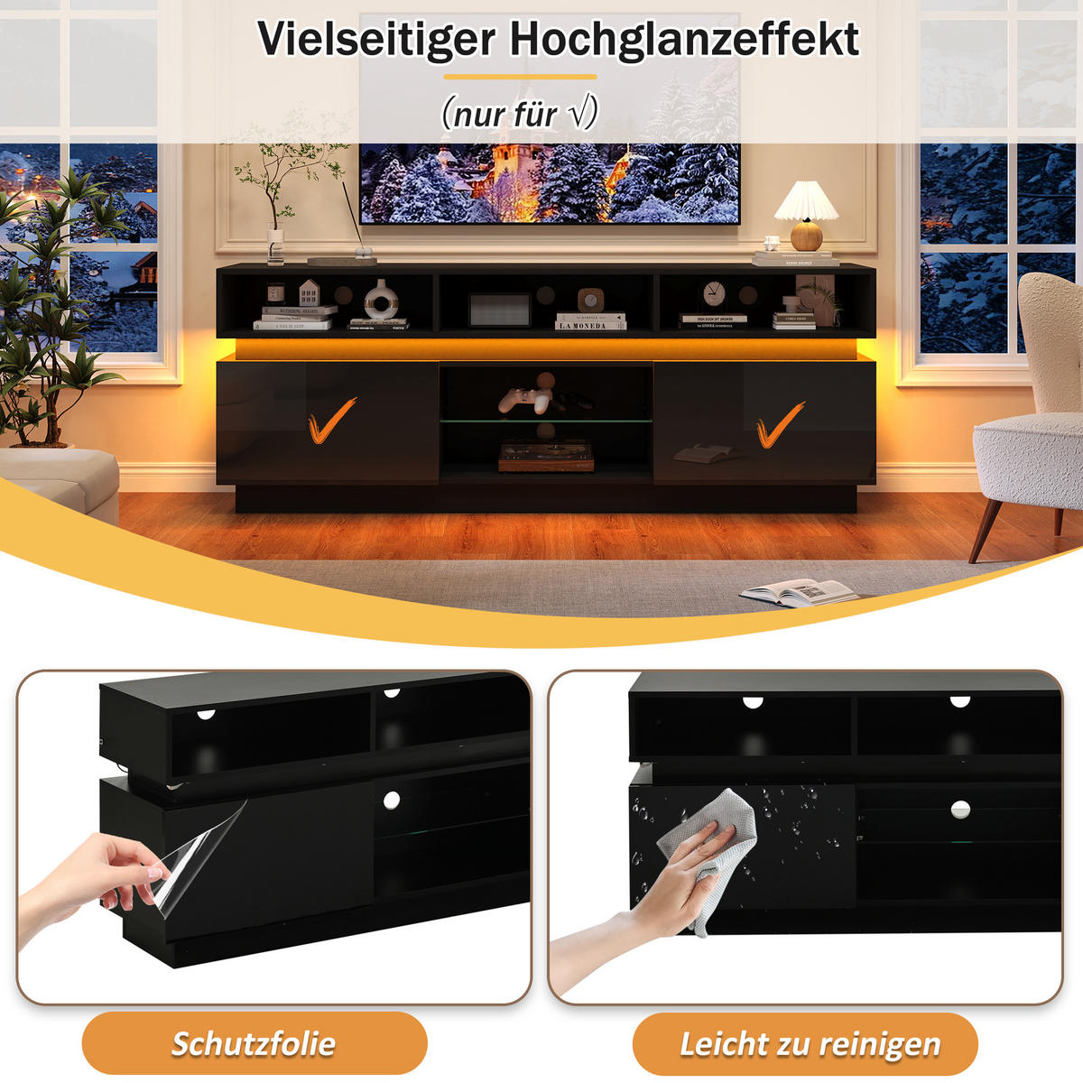 TV-LOWBOARD 160x35x60 cm Schwarz Hochglanz LED MDF 60" TV - Schwarz, Holzwerkstoff (35/60/160cm) - FLIEKS