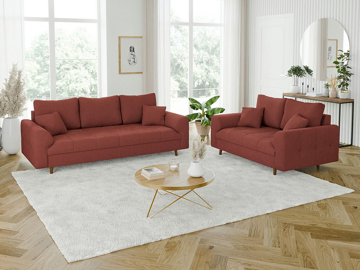 3-SITZER-SOFA Alma Terrakotta Cord - Terra cotta/Braun, Holz/Textil (210/81/93cm) - S-Style Möbel