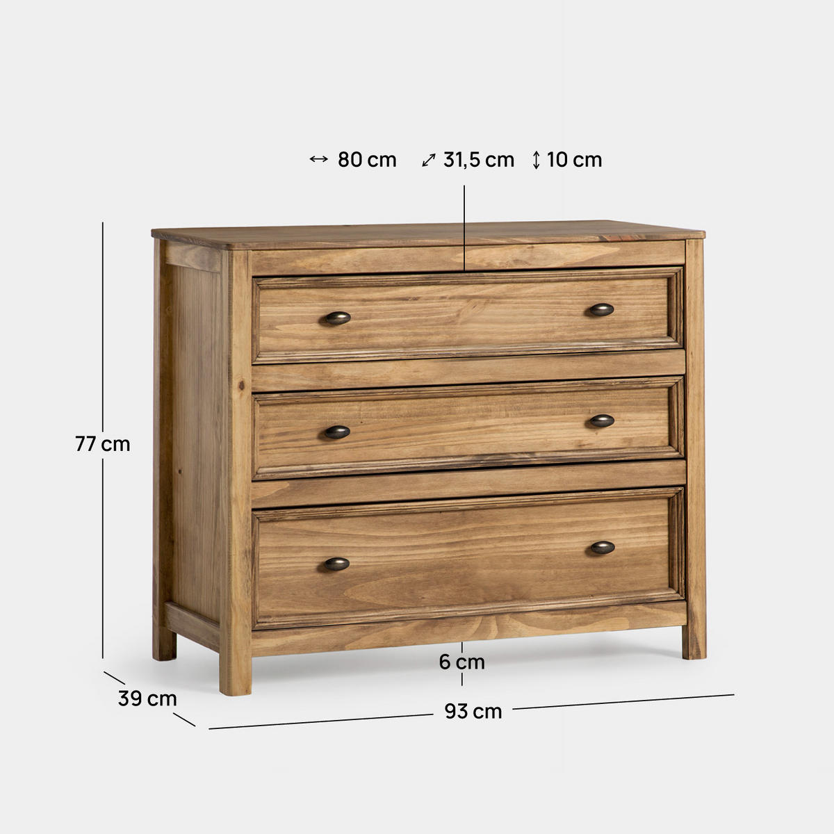 KOMMODE MIT SCHUBLADEN Serena Natürlich 93 cm x 77 cm - Naturfarben, Holz (93/77/39cm) - Klast Home