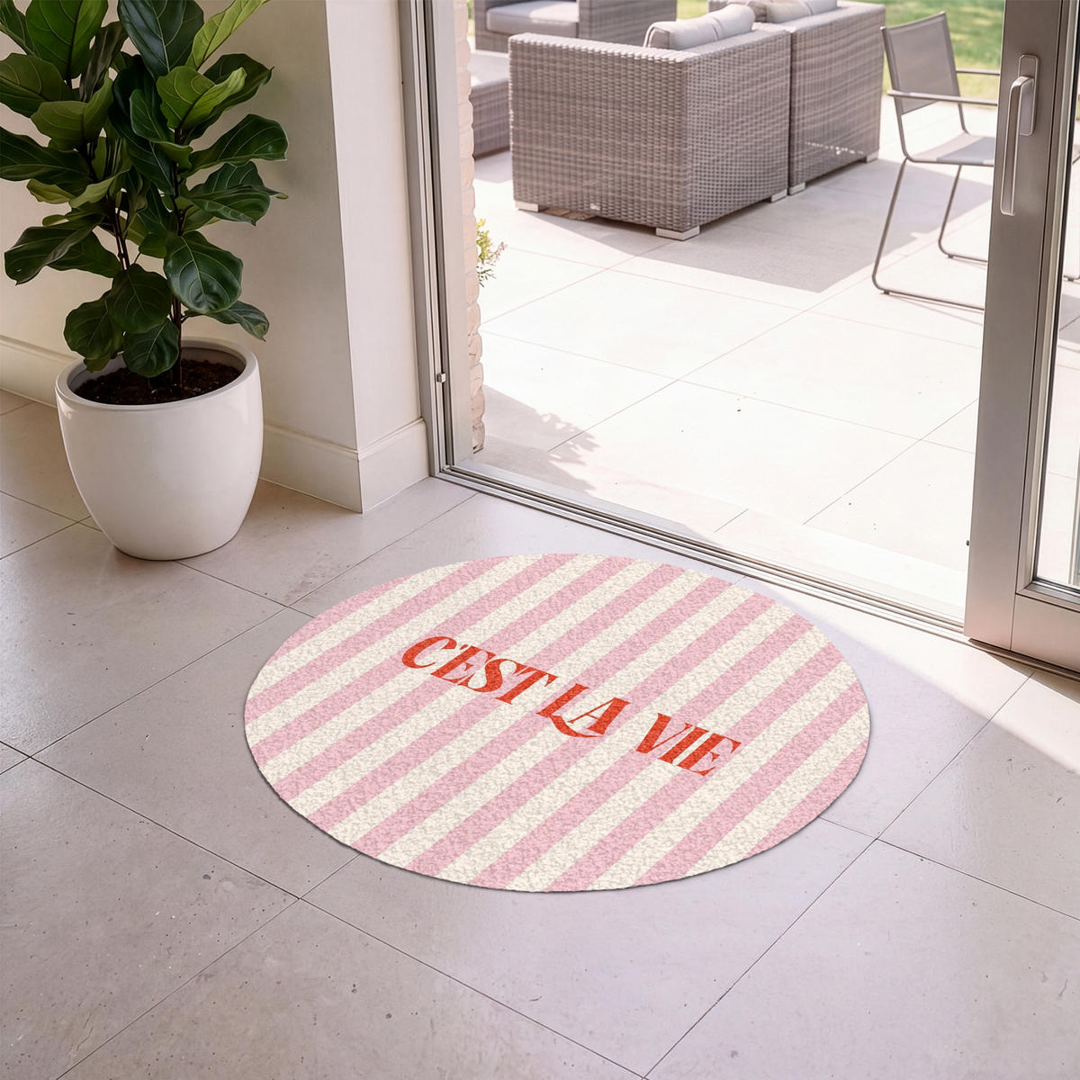 FUSSMATTE Zartrosa – Rot – Streifen – C'est La Vie 90x90 cm - Rosa, Kunststoff (90/0.4cm) - MuchoWow