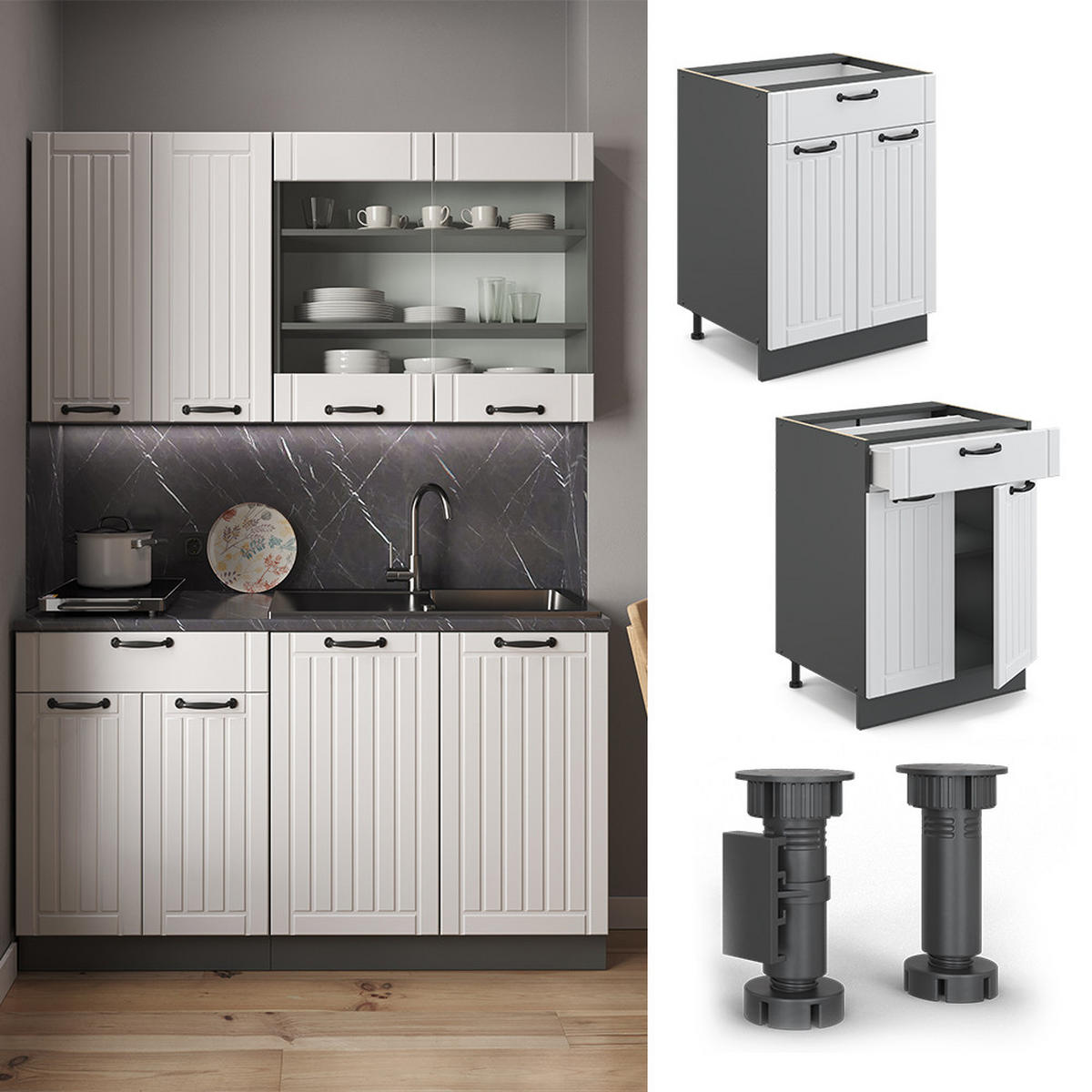 KÜCHENUNTERSCHRANK Fame-Line Weiß Landhaus 60 cm mit Schublade AP Anthrazit - Anthrazit/Creme, Holzwerkstoff (60/82/60cm) - Vicco