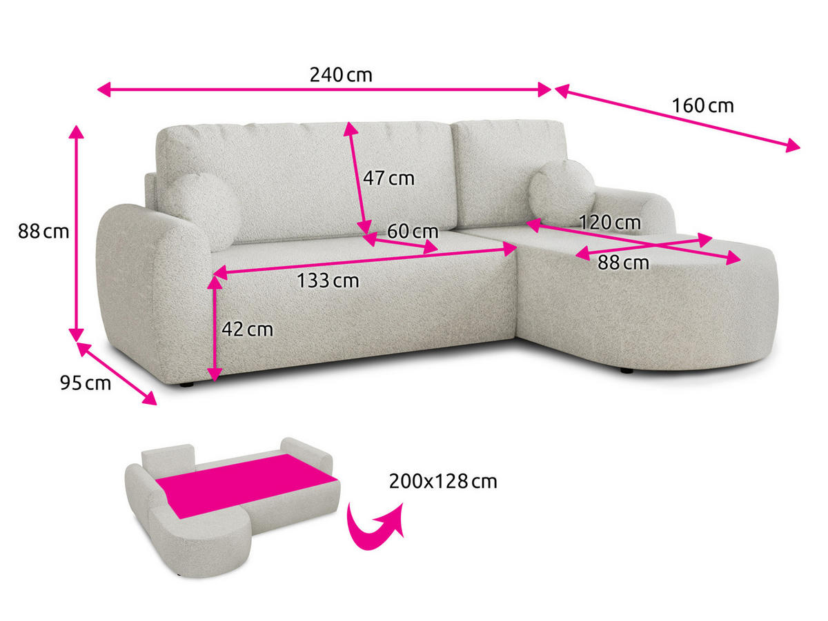 ECKSOFA Jazz, Seite: Links - Rosa, Holz/Textil (240/160cm) - Sofnet