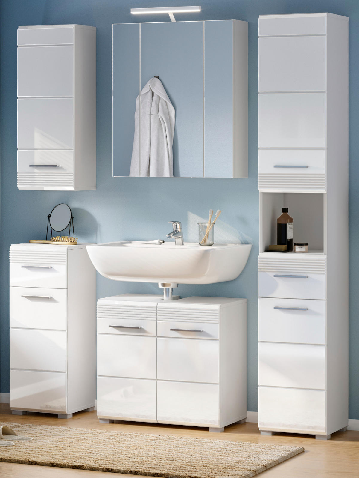 BADMÖBEL-SET weiß Hochglanz 5-teilig 150 cm, Badkombination mit Spiegelschrank - Weiß Hochglanz, Glas/Holzwerkstoff (150/182/34cm) - Inn.Furn
