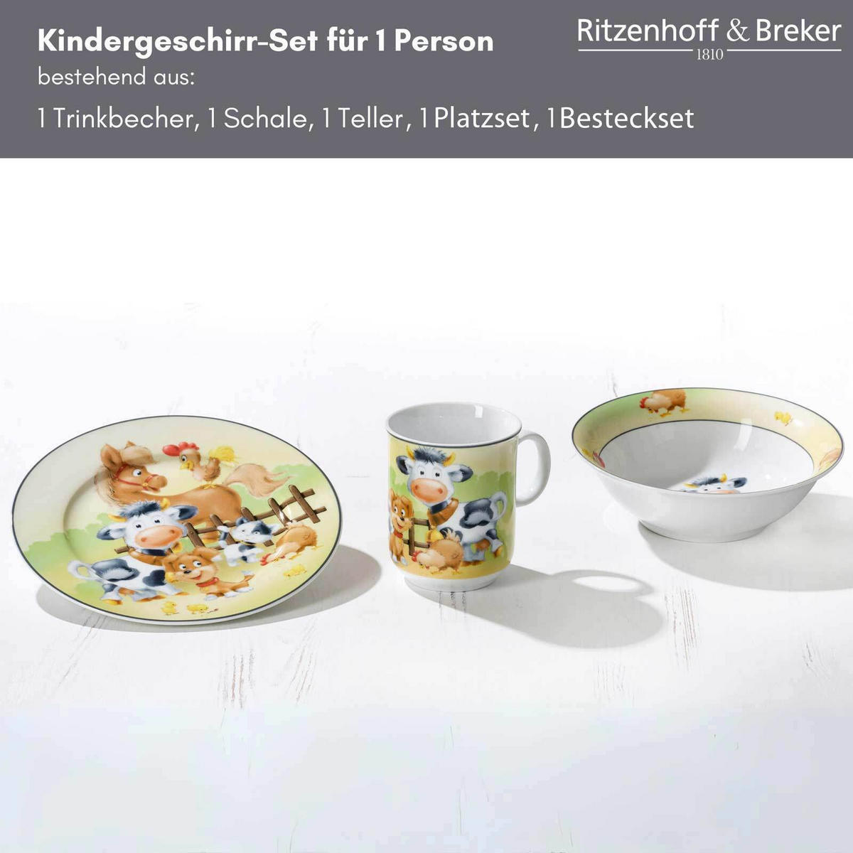 KINDERGESCHIRR MIT PLATZSET & BESTECK Hoftiere bunt - Multicolor, Keramik (1/1/1cm) - Ritzenhoff Breker