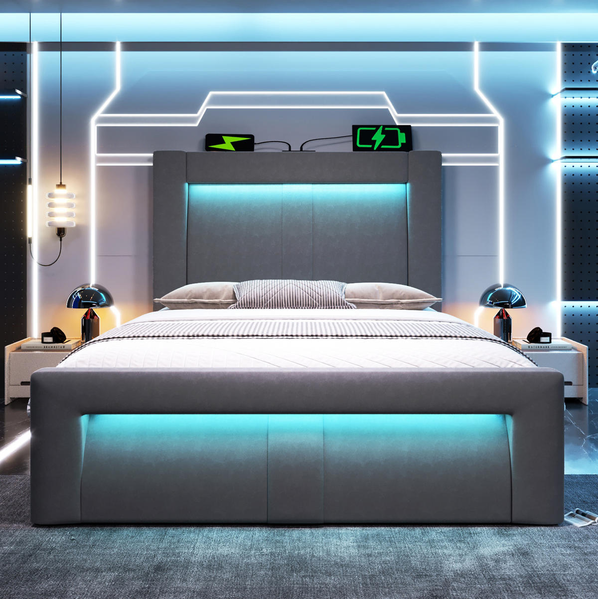 EINZELBETT 90/200 cm mit LED, USB- und Type-C-Anschluss, hydraulischem Stauraum und Samtbezug, Grau - Grau, Holz (90/200cm) - Redom