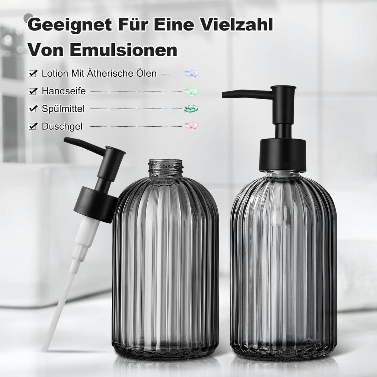 SEIFENSPENDER 2-teiliges Set Glas Schwarz Gestreift - Schwarz, Glas (7.6/19.1/7.6cm)