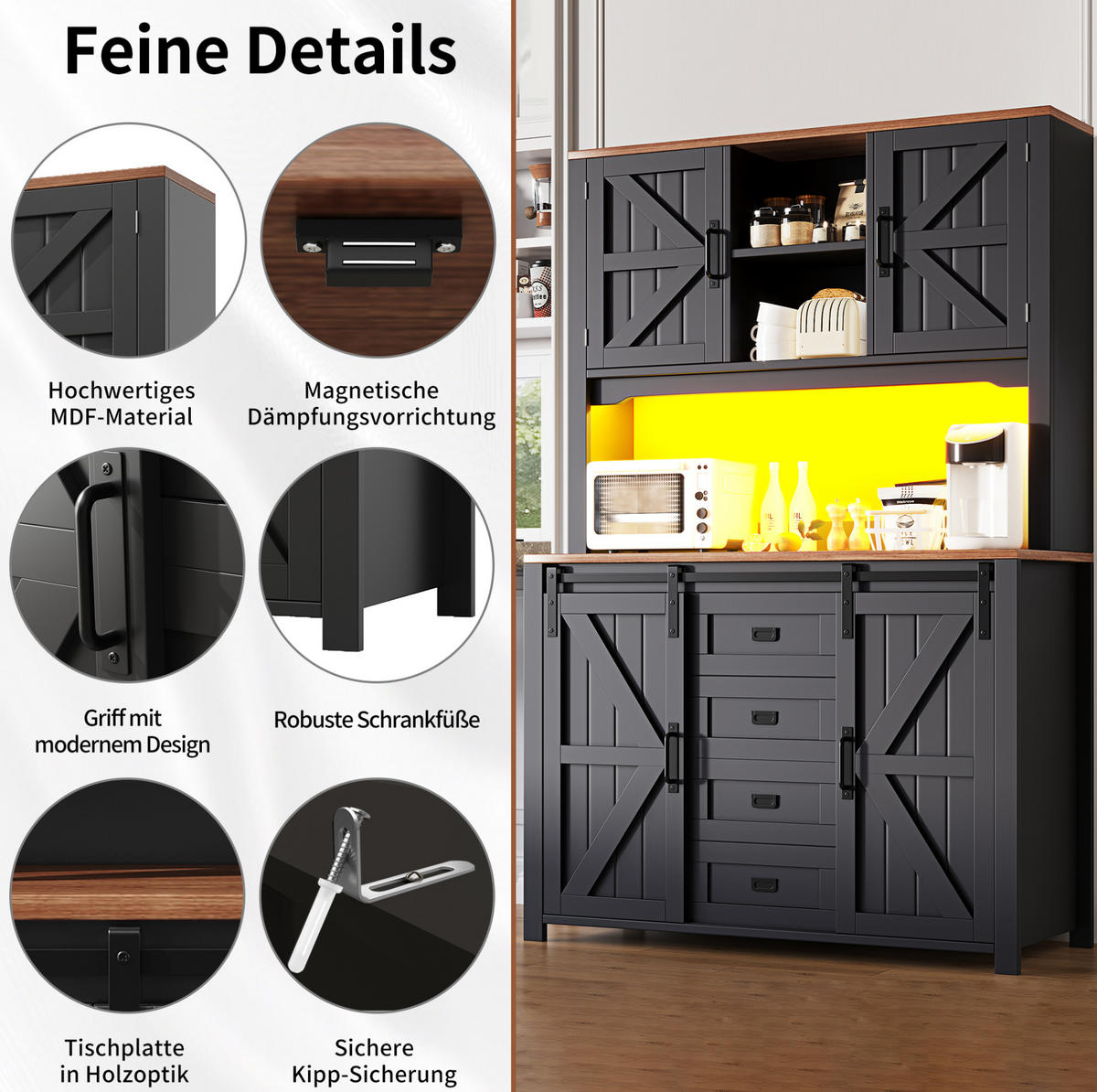 BUFFET 115/40/174,7 cm aus MDF und Metall mit LED-Beleuchtung Schwarz - Schwarz, Holzwerkstoff (115/174.7/40cm) - Modenvie