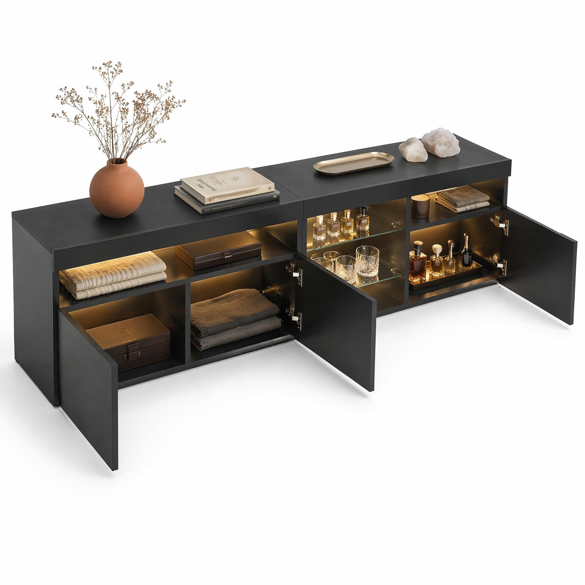 LOWBOARD TV-Schrank mit LED-Beleuchtung 3 Türen Hochglanzplatte Glaslaminat Schwarz 180/35/48 cm - Schwarz, Glas/Holzwerkstoff (180/45/35cm) - EVRYAE