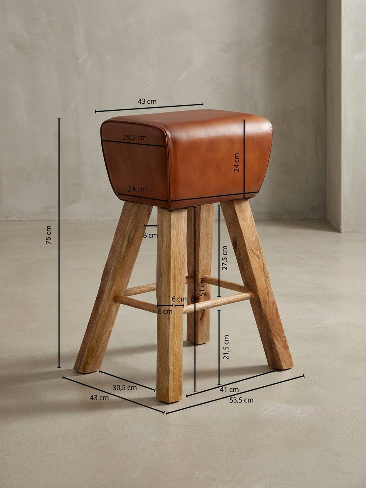 BARHOCKER – Ziegenleder und Mango Massivholz, Turnbock-Design, 43x75x43 cm, Dunkelbraun - Braun, Mangoholz/Leder (43/75/43cm) - KADIMA DESIGN