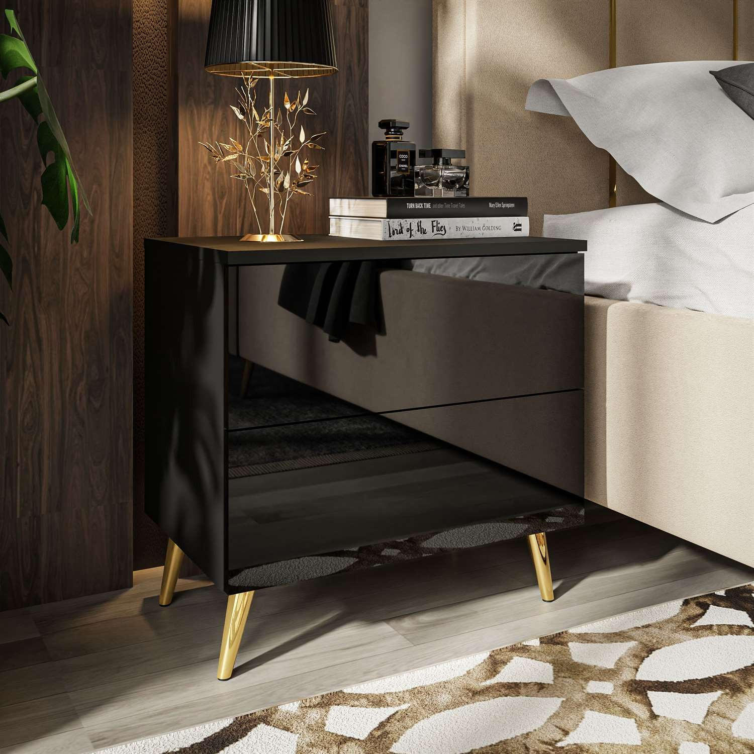 NACHTTISCH AURA PUSH OPEN mit goldenen Beinen - Schwarz, Holzwerkstoff (55/55/37cm) - Lookway