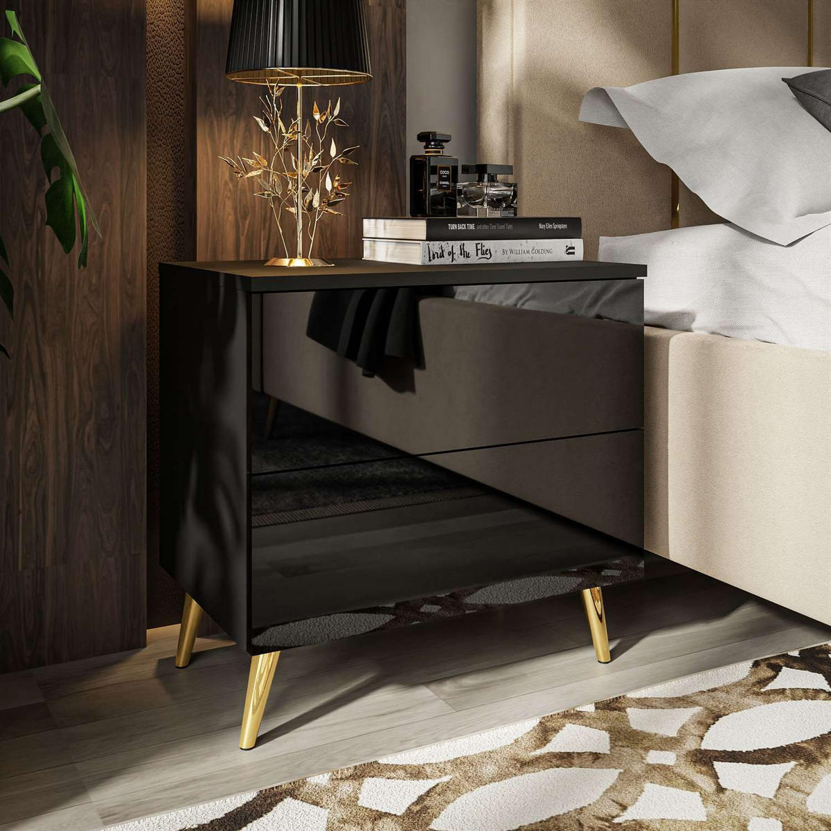 NACHTTISCH AURA PUSH OPEN mit goldenen Beinen - Schwarz, Holzwerkstoff (55/55/37cm) - Lookway