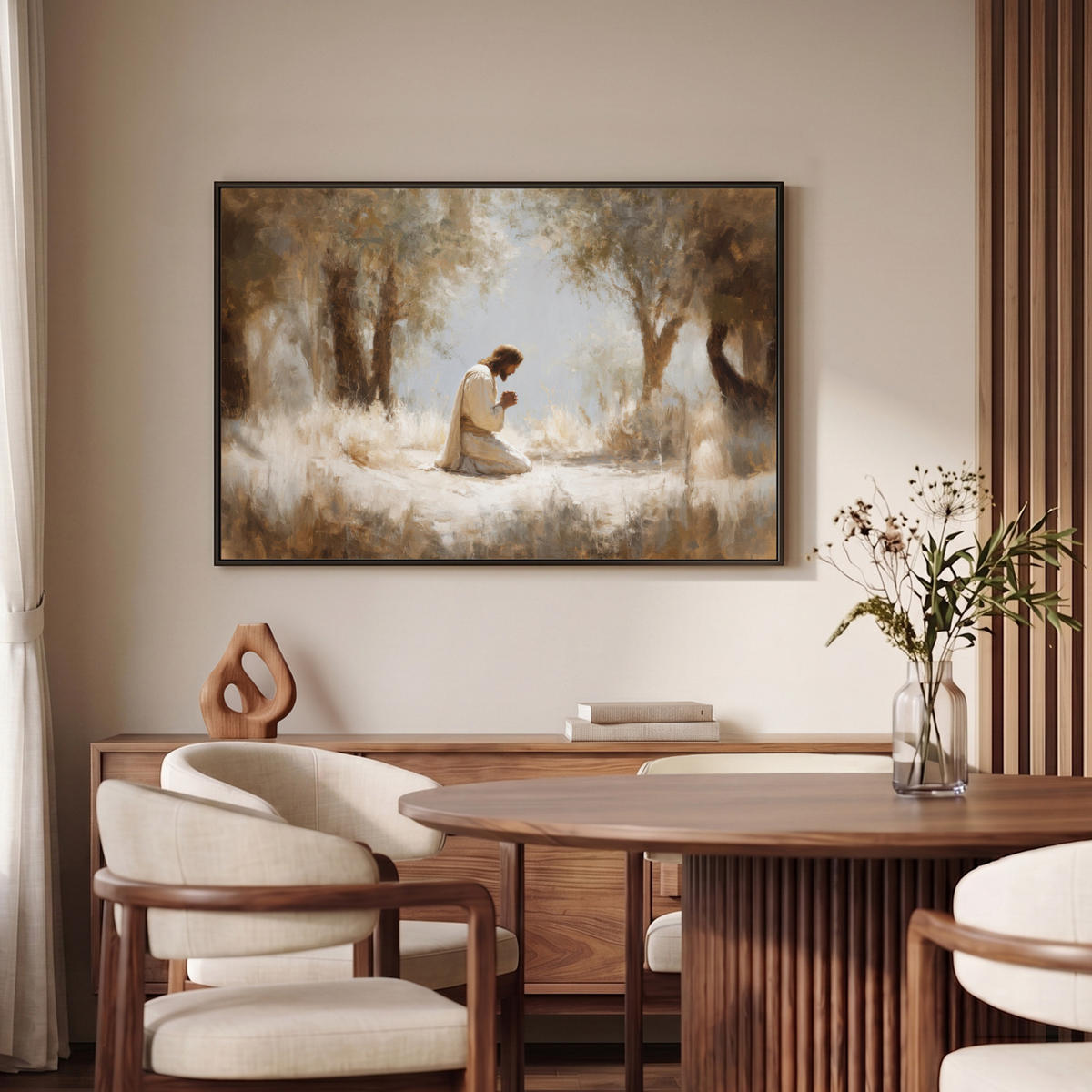 LEINWAND Bilder mit Rahmen - Jesus - Kniend - Waldlandschaft - Betend - 90x60 - Beige, Textil (90/60cm) - MuchoWow