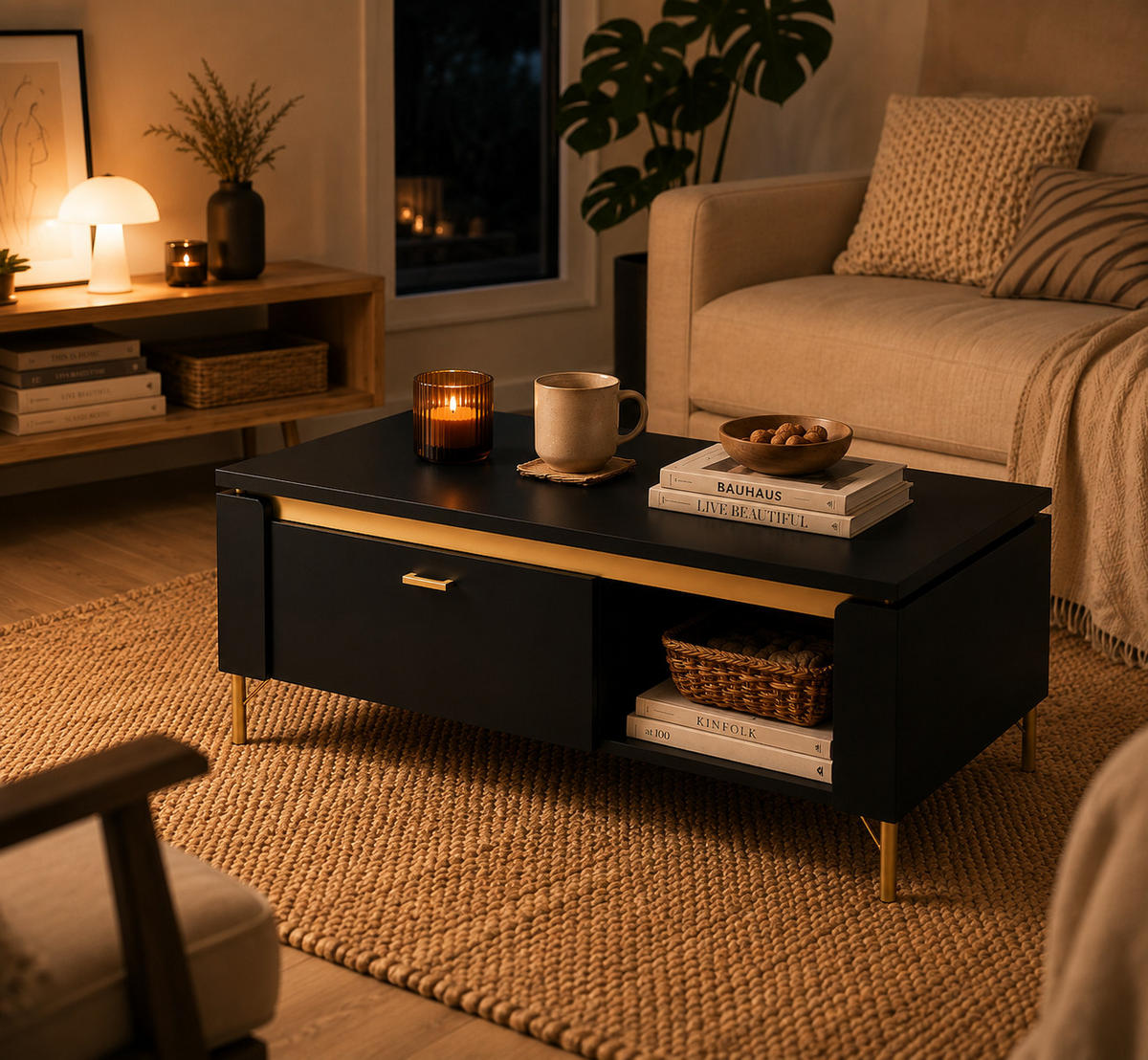 COUCHTISCH rechteckig Schwarz matt - Gold mit Staufach und Ablage - Goldfarben/Schwarz, Holzwerkstoff (65/110.04/46cm) - designimpex
