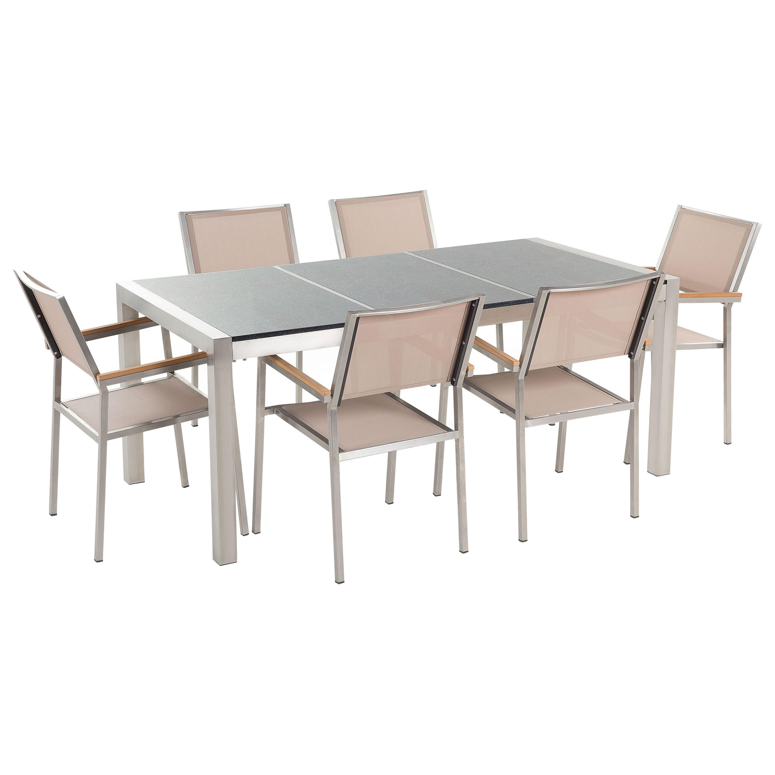 GARTENMÖBEL SET 6-Sitzer Granit grau poliert Textilbespannung beige Grosseto - Beige/Silberfarben, Metall - Beliani