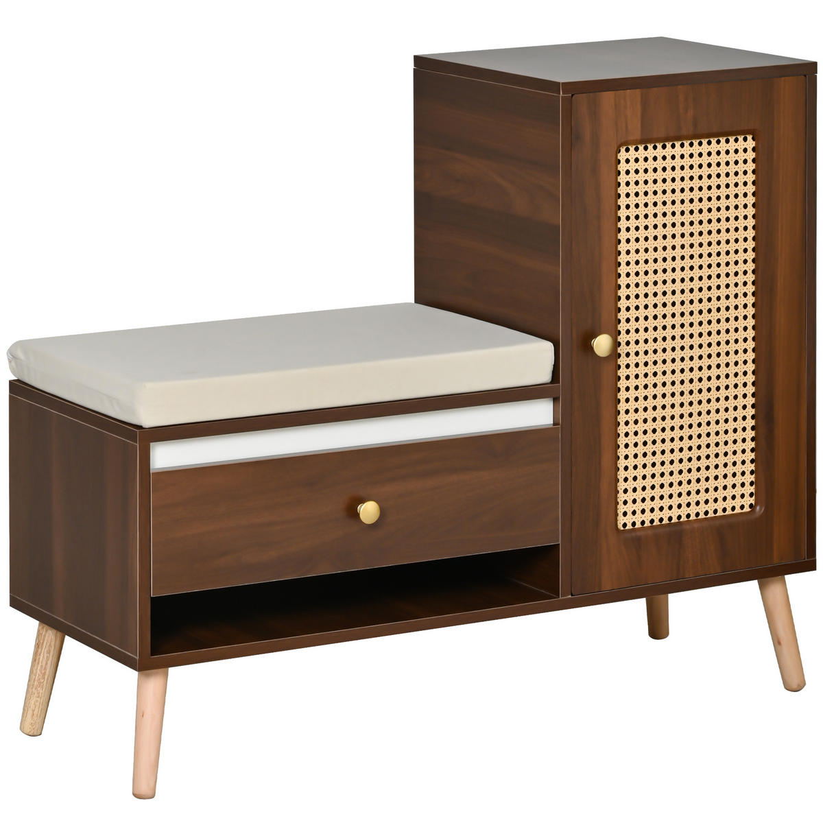 SCHUHSCHRANK in Holz-Optik – Schuhschrank mit Rattan-Tür & Sitzkissen - Walnussfarben, Holzwerkstoff (95.5/80.5/35cm) - Urban Meuble