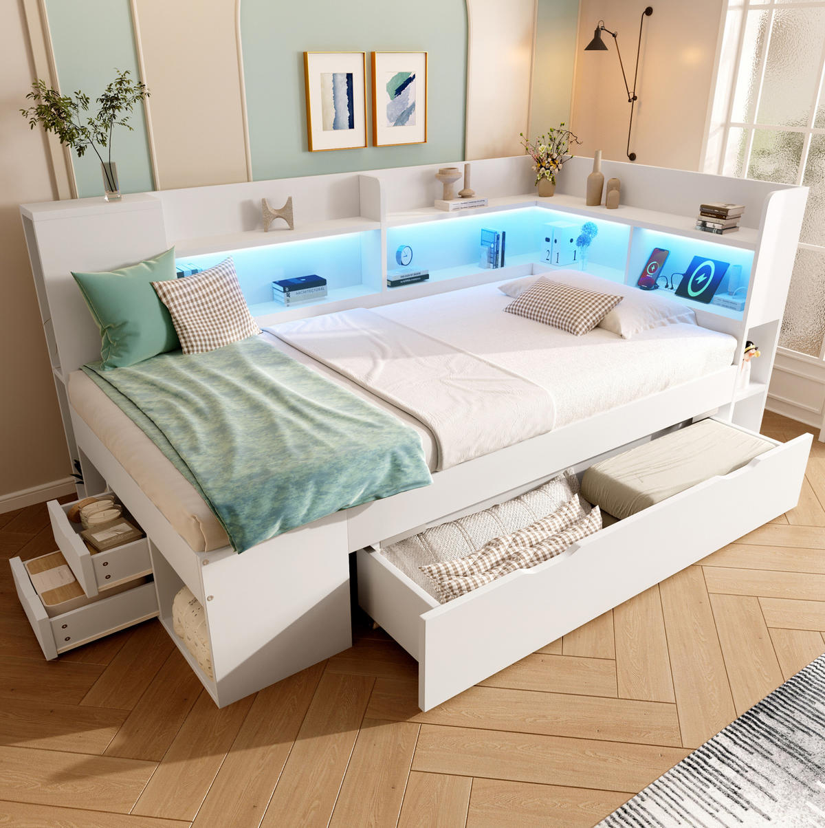 TAGESBETT 90/200 cm mit LED-Beleuchtung, USB- und Typ-C-Anschluss, Stauraum und Matratze, Weiß - Weiß, Holzwerkstoff (90/200cm) - Redom