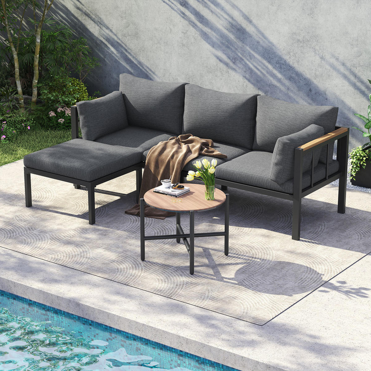 GARTENLOUNGE-SET GRAU mit Ecksofa Couchtisch und Fußhocker verzinkter Stahl - Grau, Textil - BLACKCUP