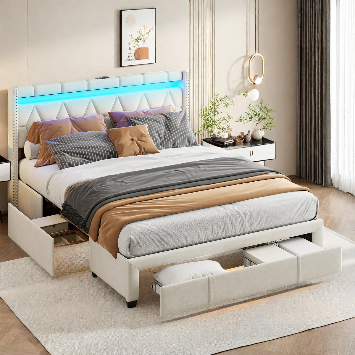 POLSTERBETT 160x200 cm LED 4 Schubladen Stauraum Leinen beige - Beige, Holz (160/200cm) - LEBENLANG