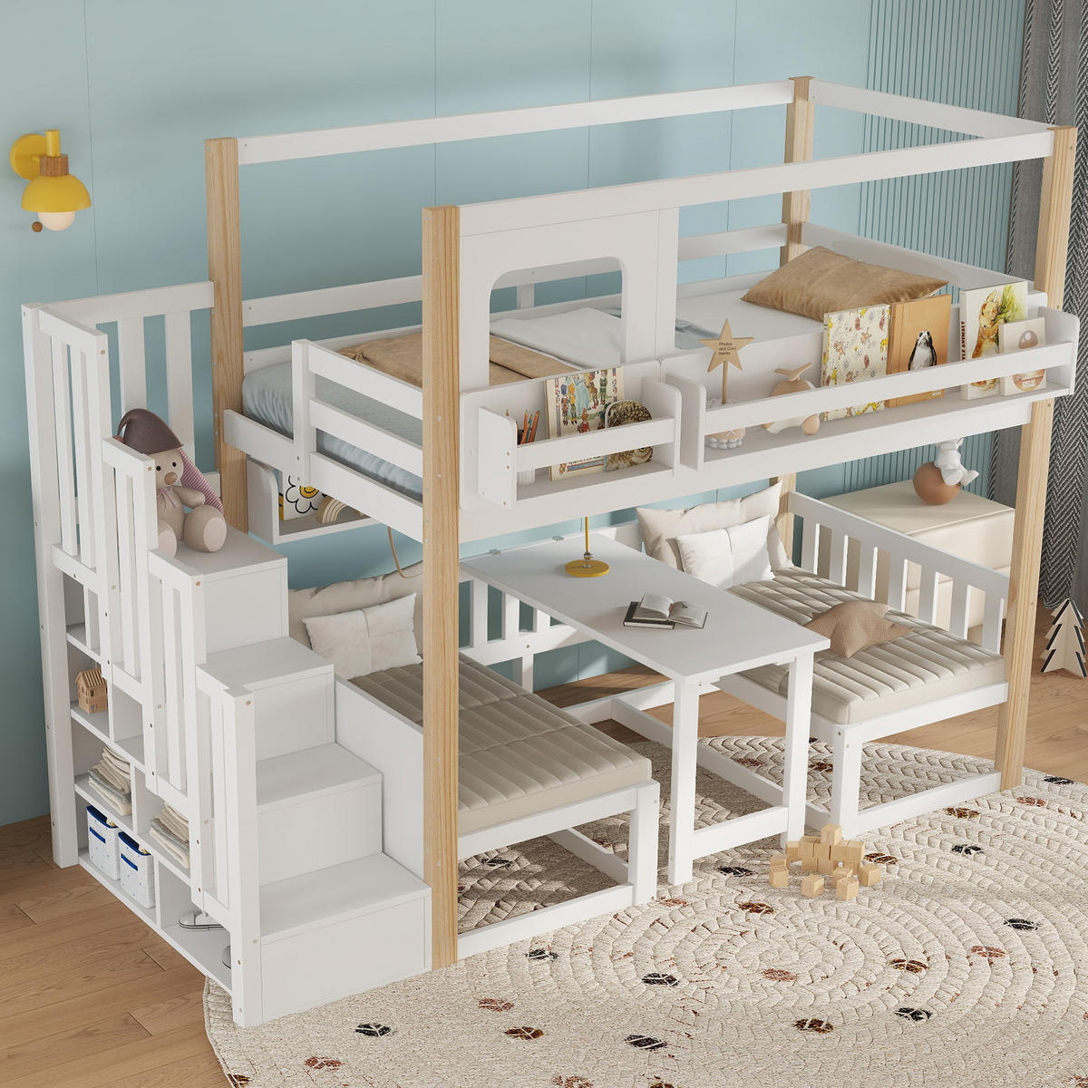 ETAGENBETT 90x200 cm Tisch Treppe Regal - Weiß, Holz (90/200cm) - LEBENLANG