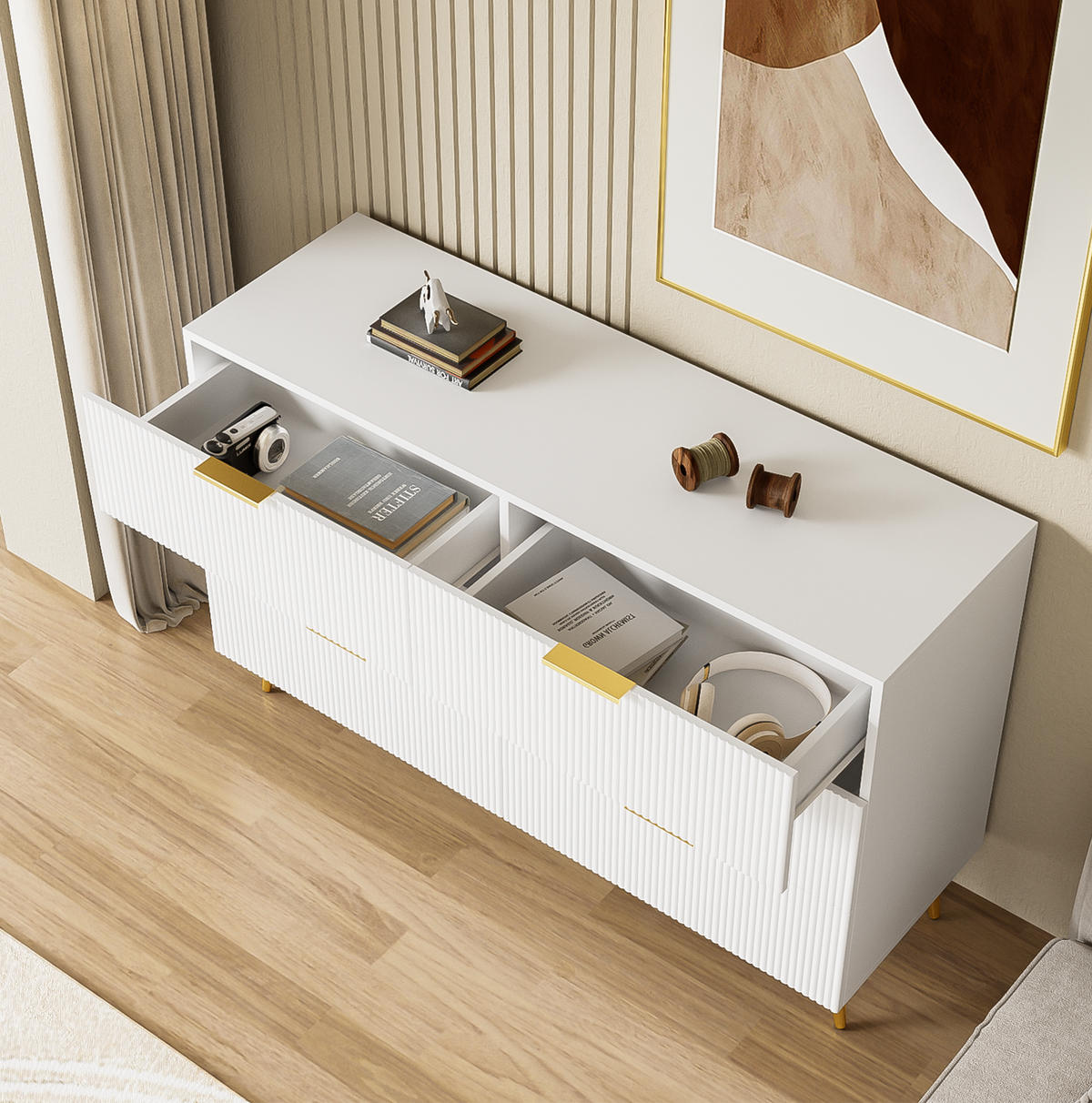 SIDEBOARD mit 6 Schubladen, mit goldenen Griffen und Beinen, modernes Wellendesign, 120/40/77 cm, Weiß - Weiß, Holzwerkstoff (120/40/70cm) - Redom