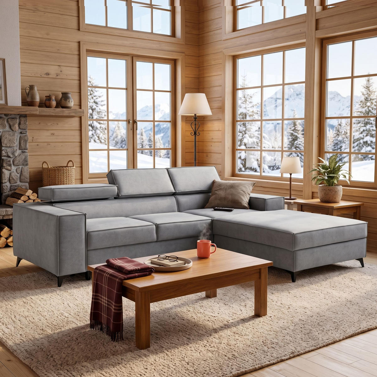 ECKSOFA PURE S Rechts mit Schlaffunktion 127x215 Velours Hellgrau - Hellgrau/Schwarz, Holz/Textil (204/281cm) - Muffo