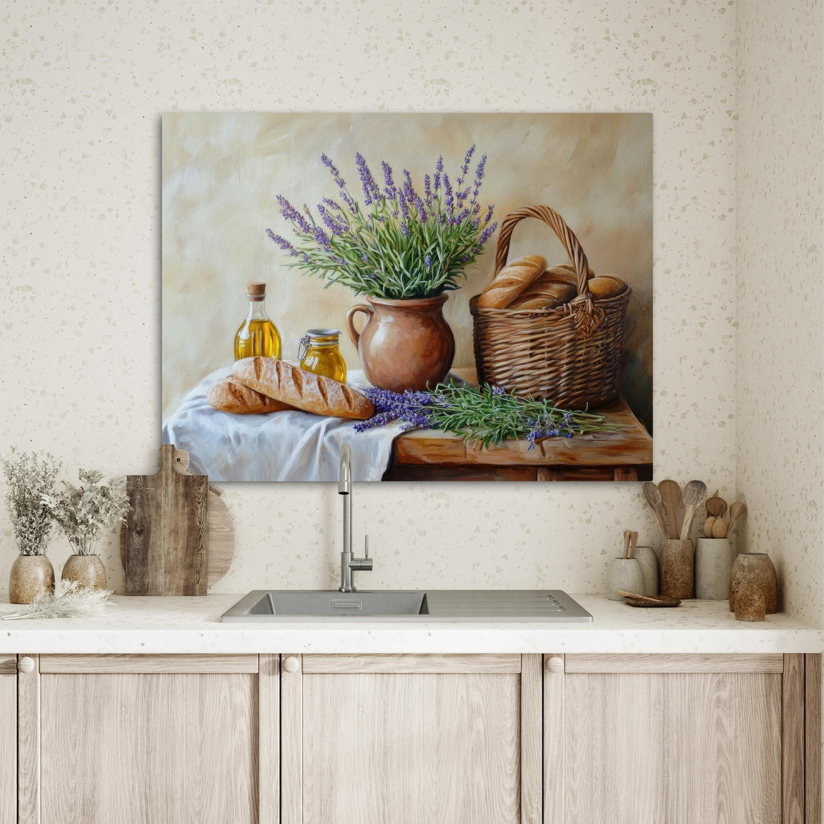 LEINWANDBILD Lavendel - Brot - Stilleben Wandbilder 80x60 cm - Flieder, Textil (80/60cm) - MuchoWow