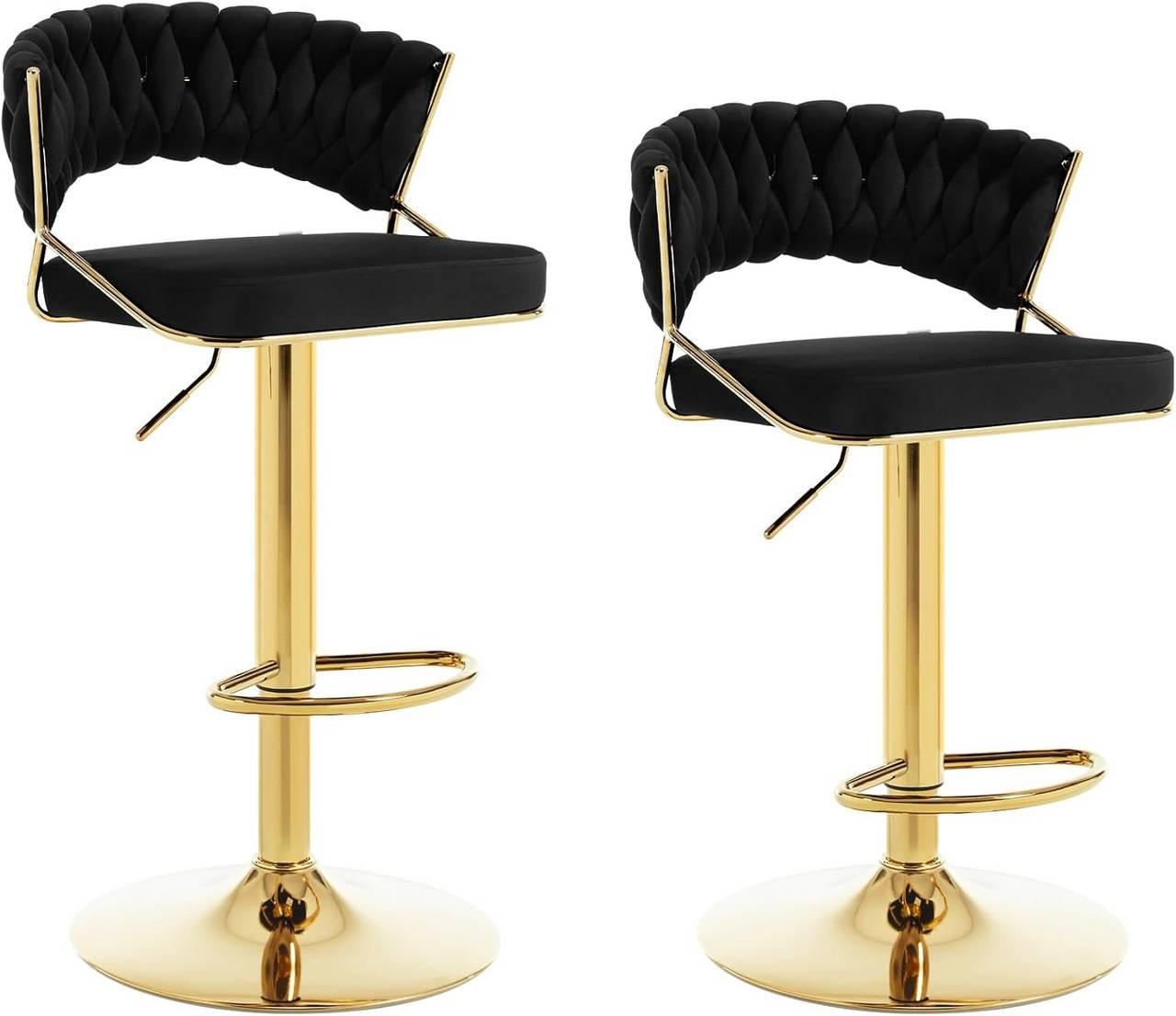 BARHOCKER 2er Set, mit geflochtener Rückenlehne, Samt, Schwarz - Goldfarben/Schwarz, Textil/Metall (48/83/46.5cm) - Woltu