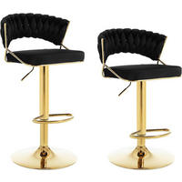 BARHOCKER 2er Set, mit geflochtener Rückenlehne, Samt, Schwarz - Goldfarben/Schwarz, Textil/Metall (48/83/46.5cm) - Woltu