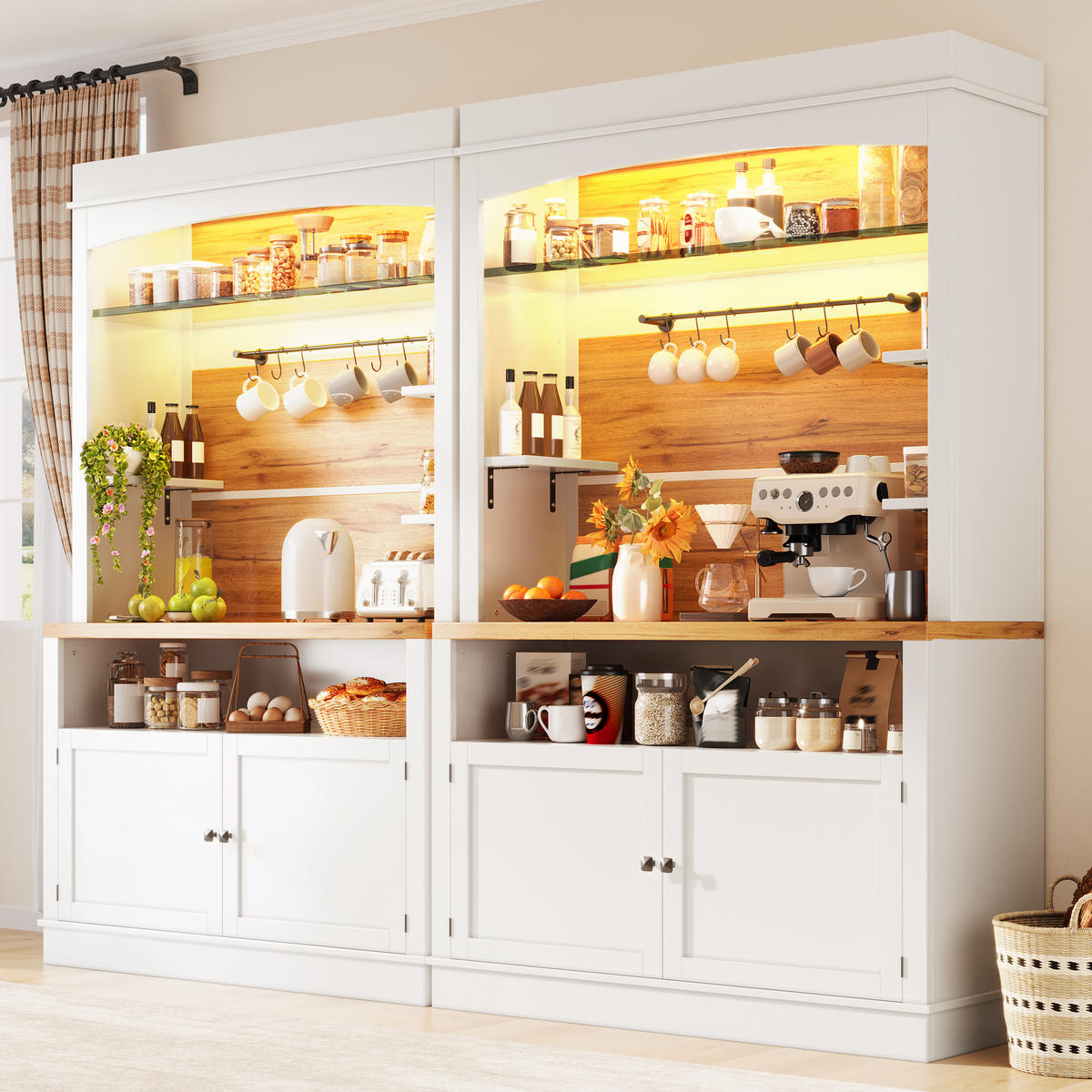 BUFFET 2er Set LED 184cm Glasregal Hakenleiste Weiß - Weiß, Metall (107/184/34cm) - FLIEKS