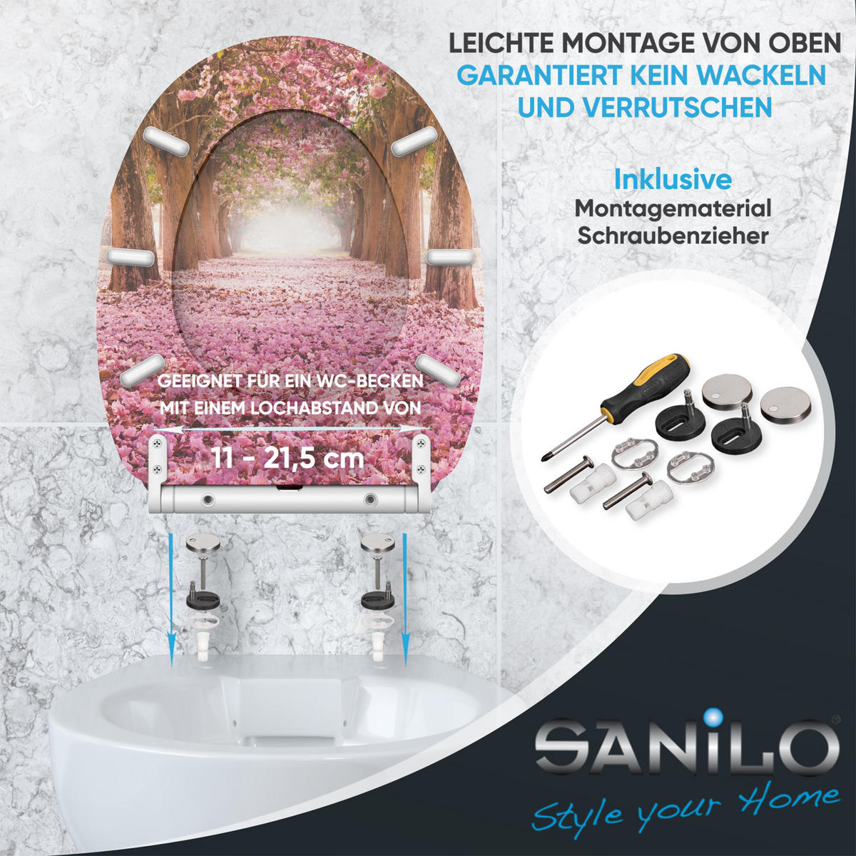 WC-SITZ mit Absenkautomatik & Top Fix Romantik - Pink, Holzwerkstoff (37.7/5.5/48cm) - Sanilo