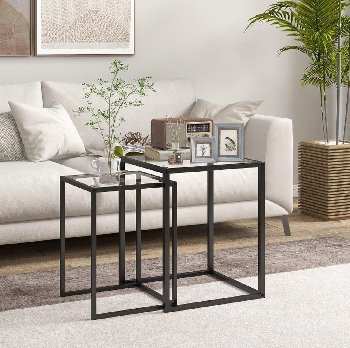 BEISTELLTISCH 42/51/42 cm und 33/45,5/33 cm Schwarz aus gehärtetem Glas und Stahl stapelbar 2er Set - Schwarz, Glas (42/42/51cm) - OKMYHOME
