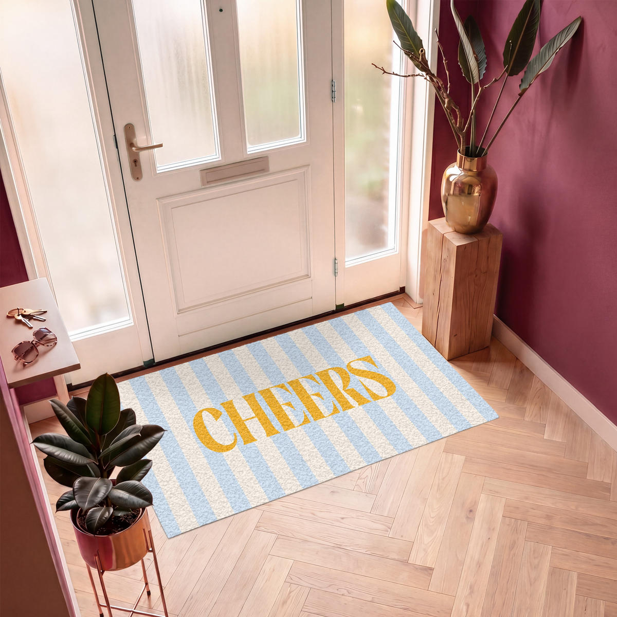FUSSMATTE Orange – Blau – Streifen – Cheers 150x90 cm - Hellblau, Kunststoff (150/0.4cm) - MuchoWow