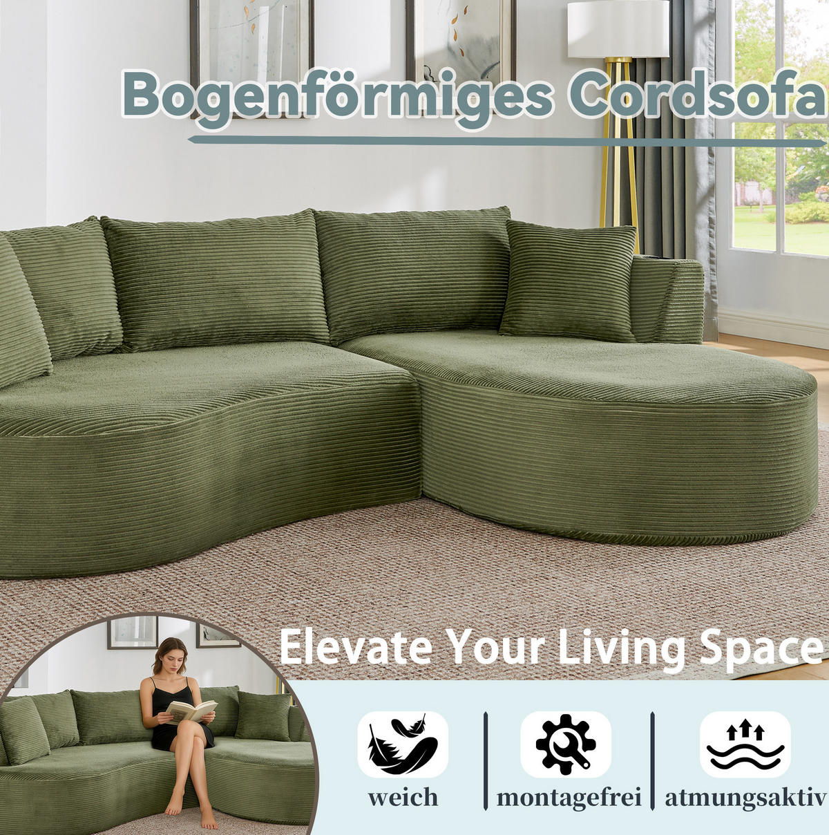 3-SITZER Sofa mit Getränkehaltern, bogenförmigem Design und Kissen, Grün - Grün, Kunststoff (264/76/168cm) - Redom