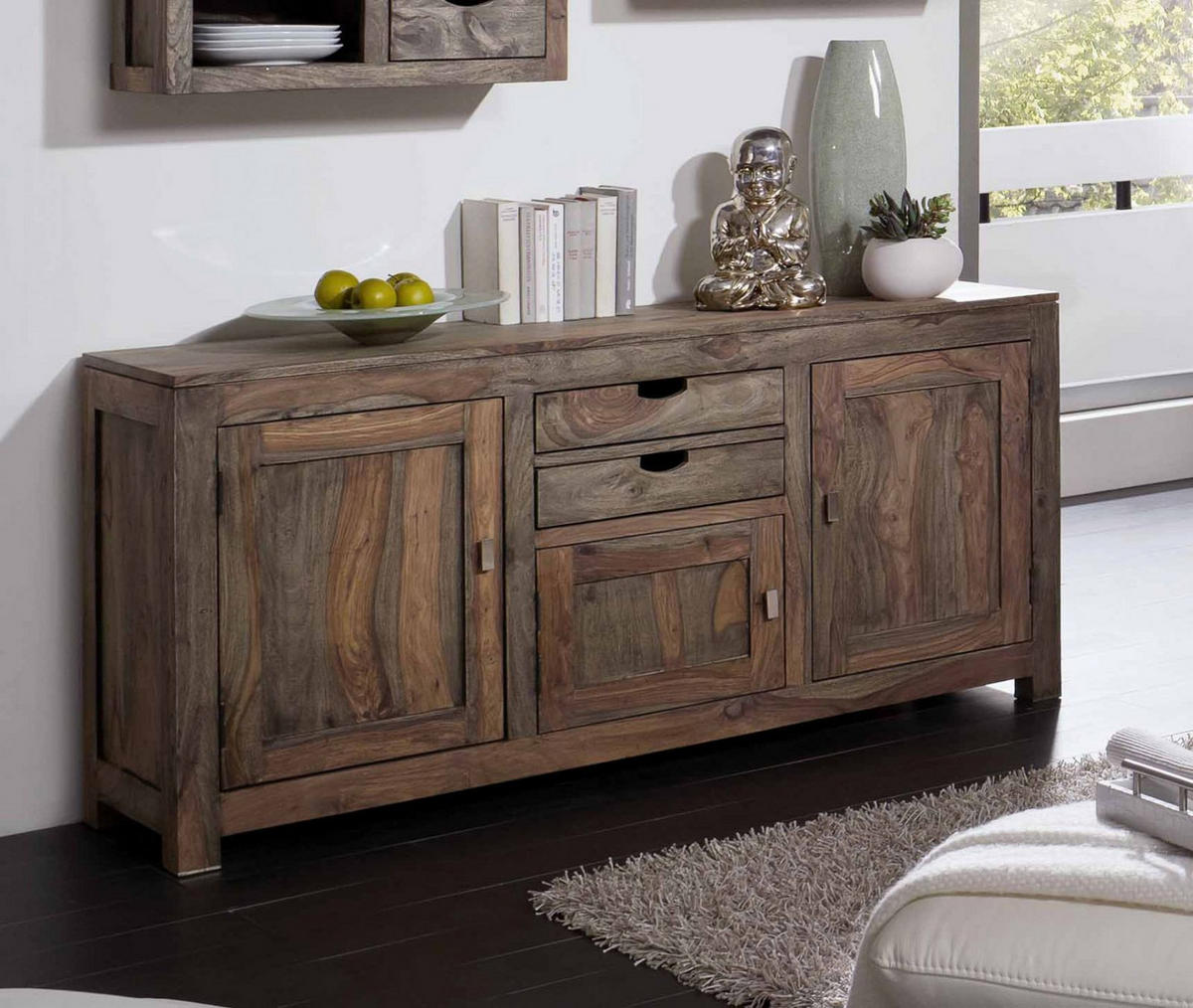 SIDEBOARD Sheesham 160x42x75 grau geölt NATURE GREY #89 - Grau, Holz (160/75/42cm) - Massivmoebel24