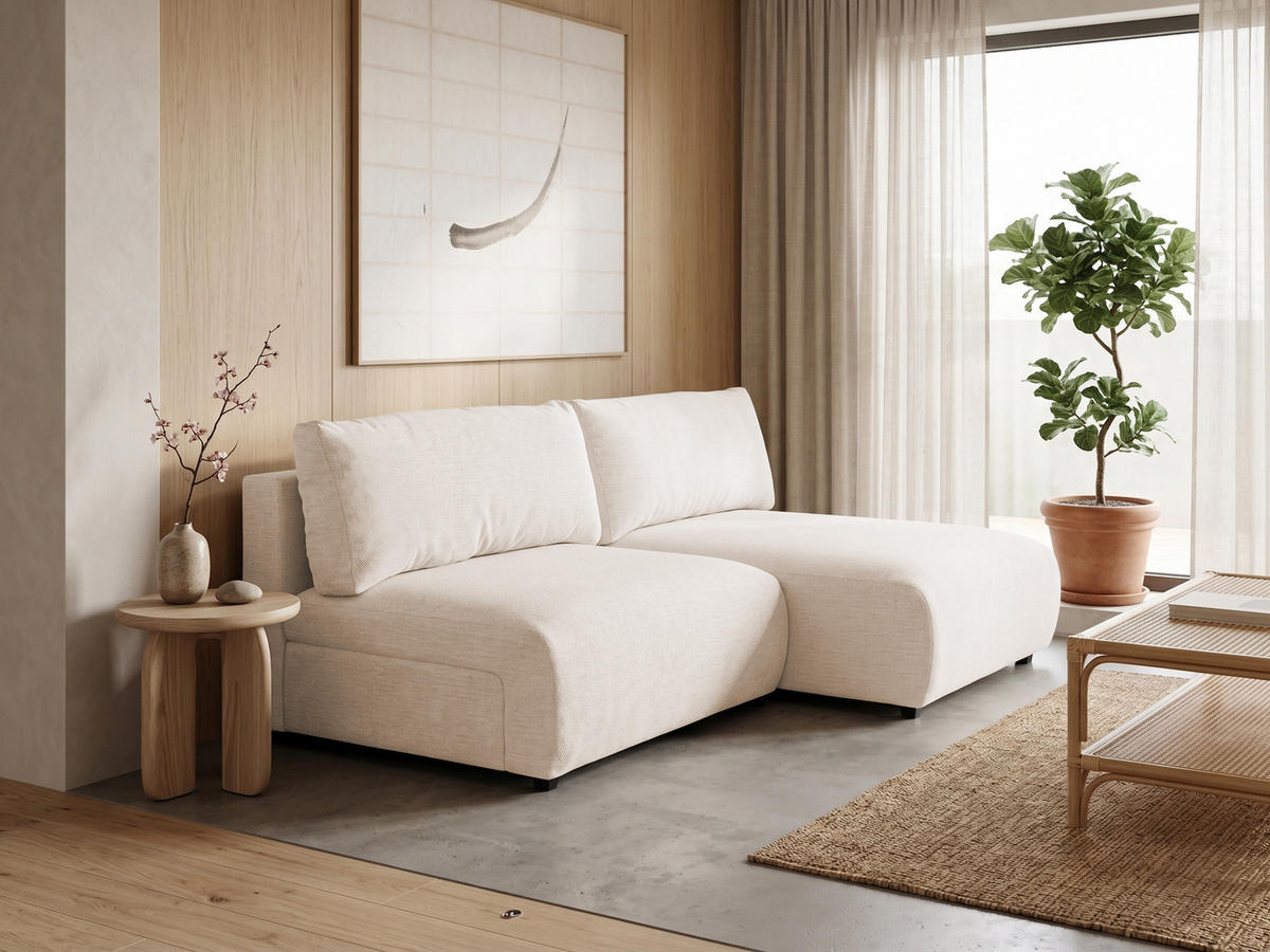 ECKSOFA Sora mit Schlaffunktion, Bettkasten und extra tiefer Komfortzone aus hochwertigem Creme Strukturstoff - Creme/Schwarz, Holz/Kunststoff (200/140cm) - S-Style