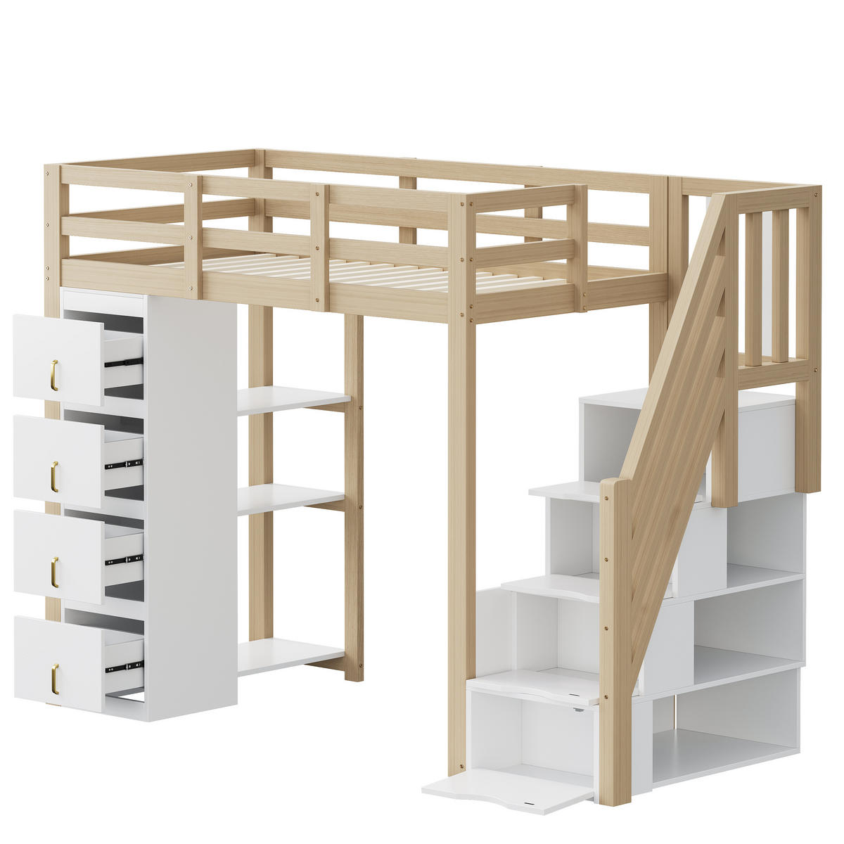 HOCHBETT 90/200 cm aus Massivholz mit Stauraumschubladen und Regal - Weiß, Holz (90/200cm) - OKWISH