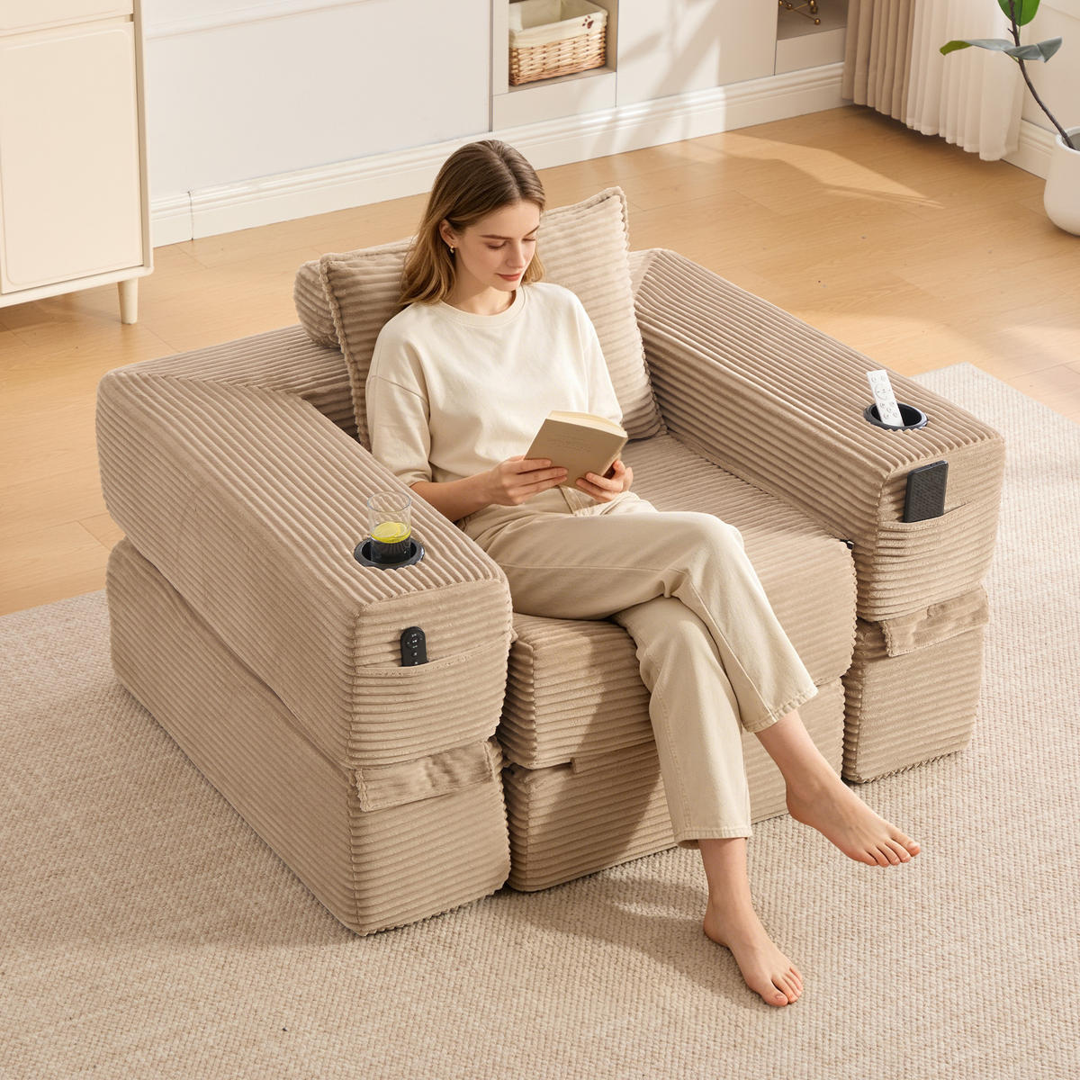 SCHLAFSOFA mit Klappfunktion, Seitentasche und Getränkehalter aus Cord - Taupe, Textil (122/80/98cm) - EVRYAE
