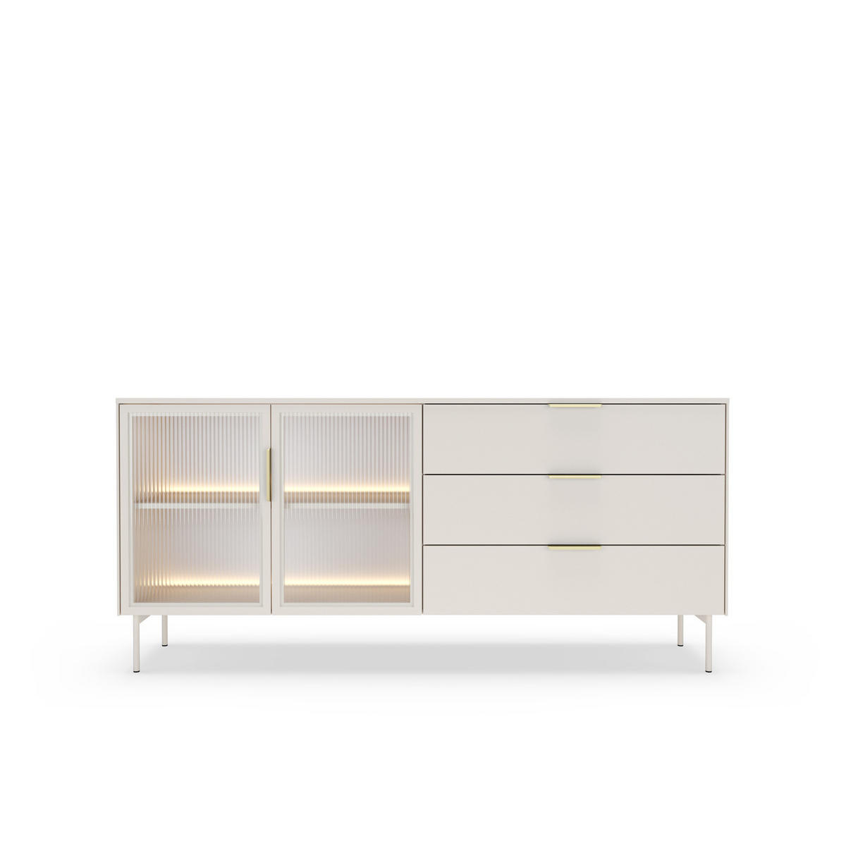 SIDEBOARD LUMI 181 cm Kaschmir - mit 2 Glastüren (links) und 3 Schubladen (rechts) - Kaschmir/Goldfarben, Holz/Holzwerkstoff (181/83/39cm) - Ravio