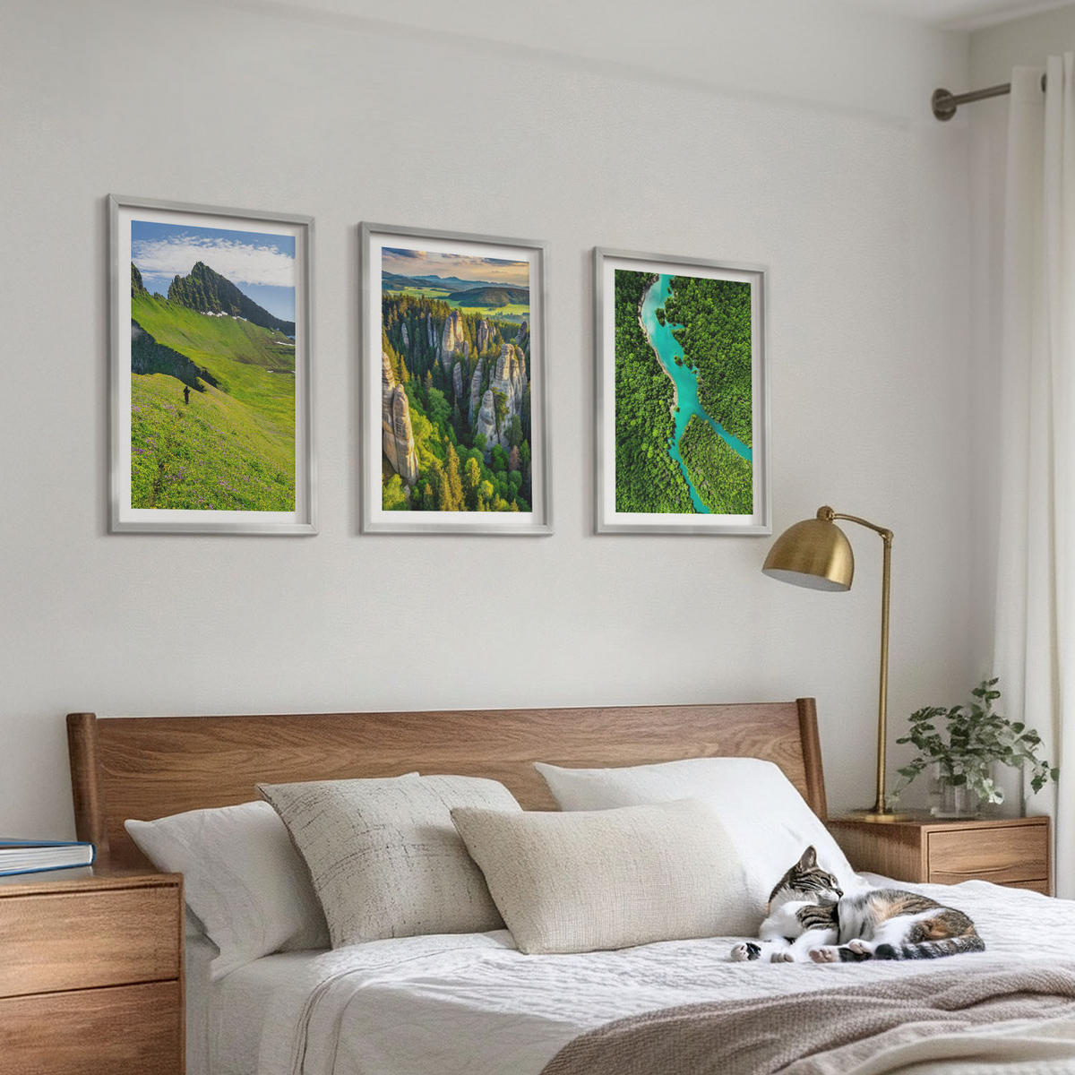 WANDBILDER 3er Set - 40x60 cm Silberner Rahmen - Grüne Berge, Flussfelsen - Silberfarben, Kunststoff (40/60cm) - ArtPrintCave