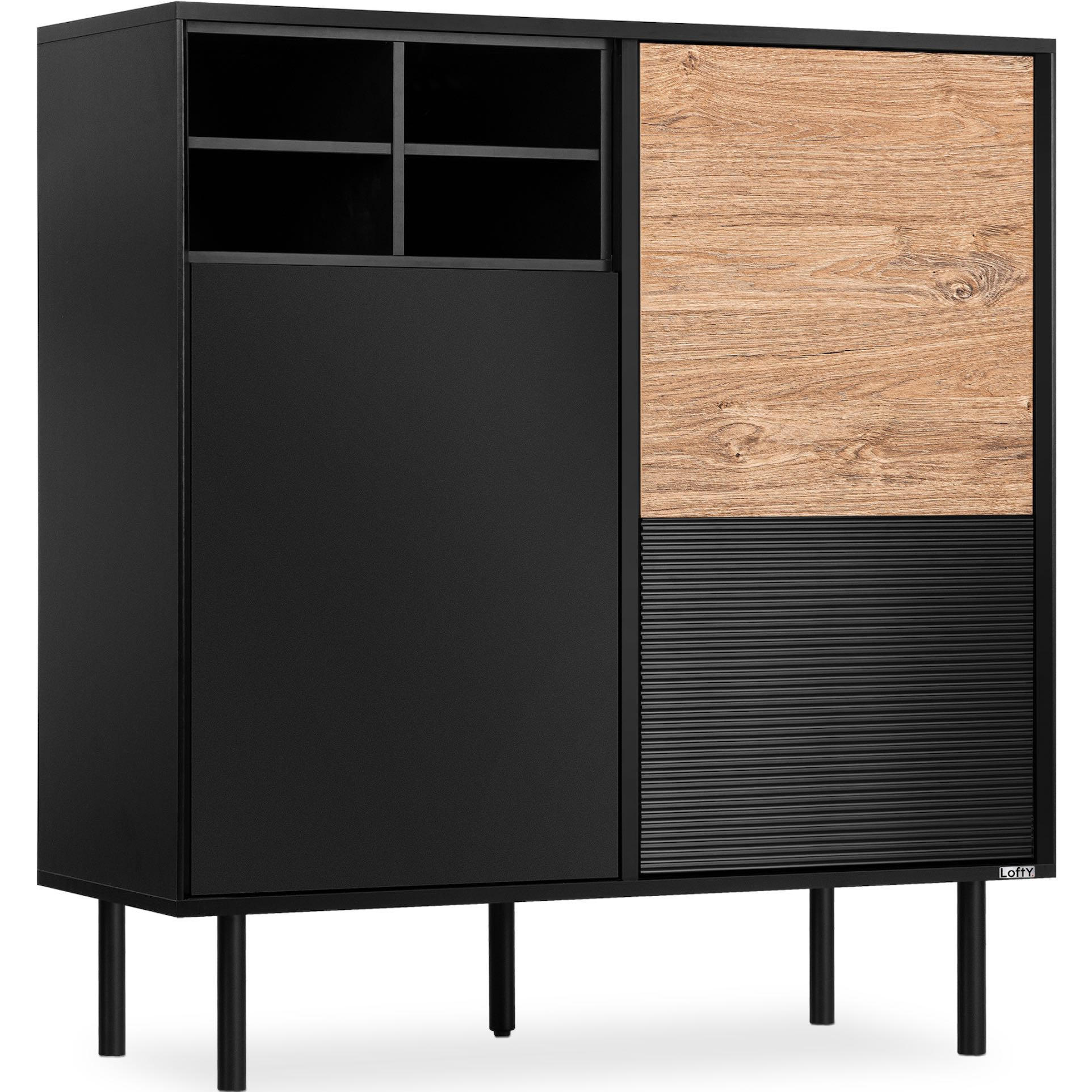 KOMMODE LOFTY Kreuzeinlage, schwarz / Eiche natur - Eichefarben/Schwarz, Holzwerkstoff (102/109/41cm) - KONSIMO®