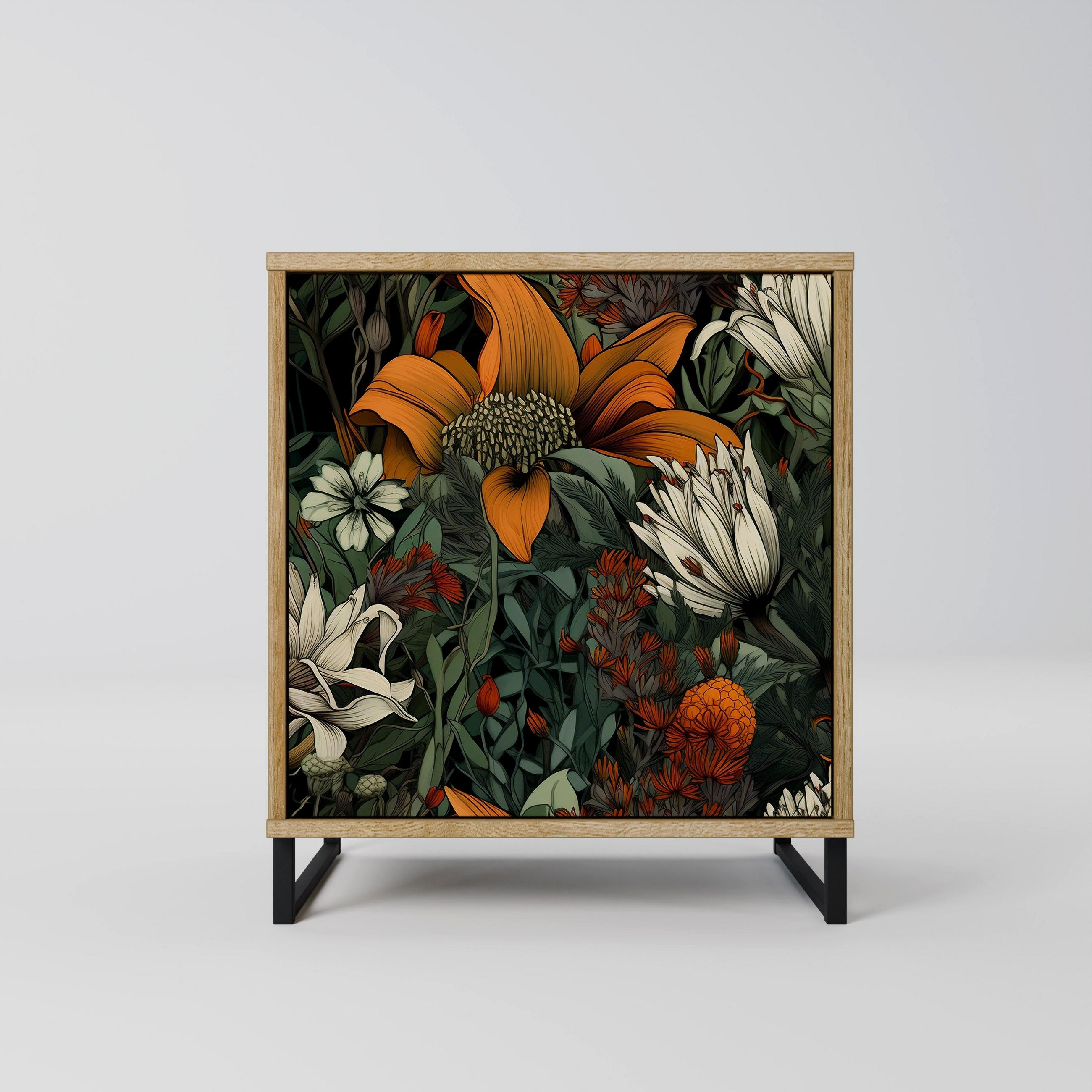 SIDEBOARD MIDNIGHT SPROUT, Eichefarben, 57,5x42x67,5 cm, Schwarze Metall-Rahmenfüße - Eichefarben/Multicolor, Holzwerkstoff/Metall (57.5/67.5/42cm) - SpaceRebels