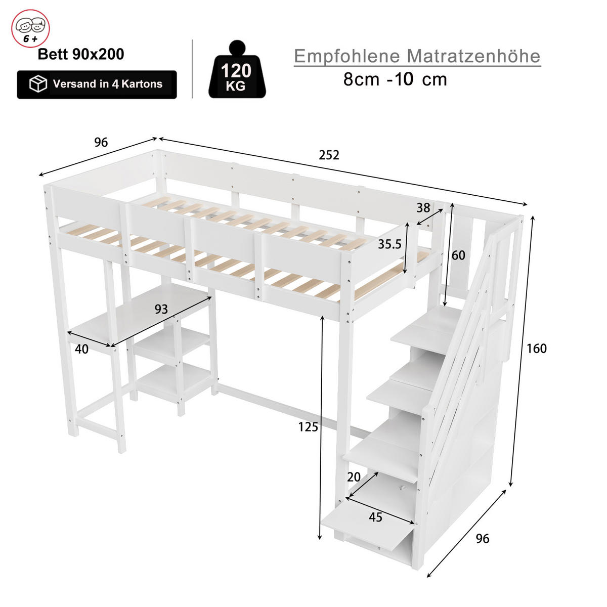 HOCHBETT 90/200 cm aus massivem Kiefernholz mit Stauraum und Ablage mit Matratze - Weiß, Holzwerkstoff (90/200cm) - OKWISH