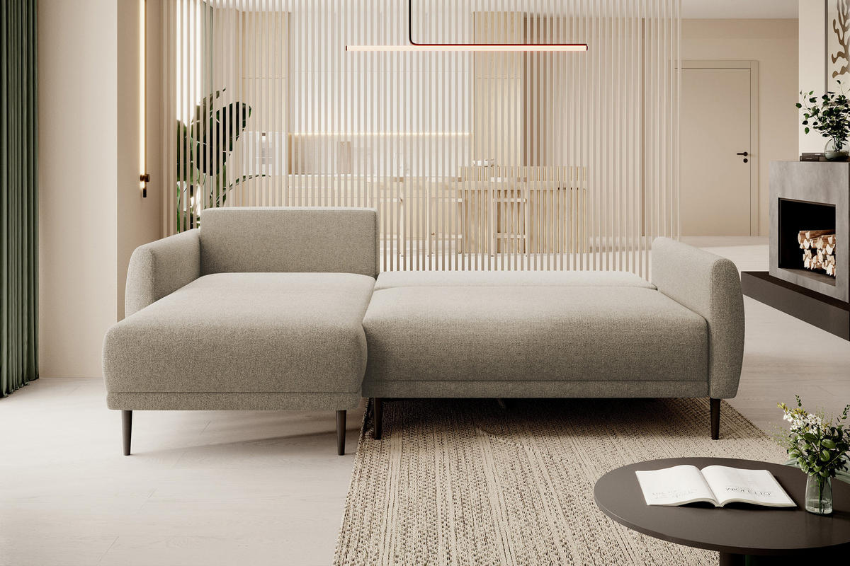 ECKSOFA BONO Stilvolles Sofa mit Schlaffunktion, Robuste Holzfüße, Elegante Armlehnen, Tiefe Sitzfläche 226x164x88cm, Linke, Sand - Sandfarben, Holz/Textil (164/226cm) - DomoHome