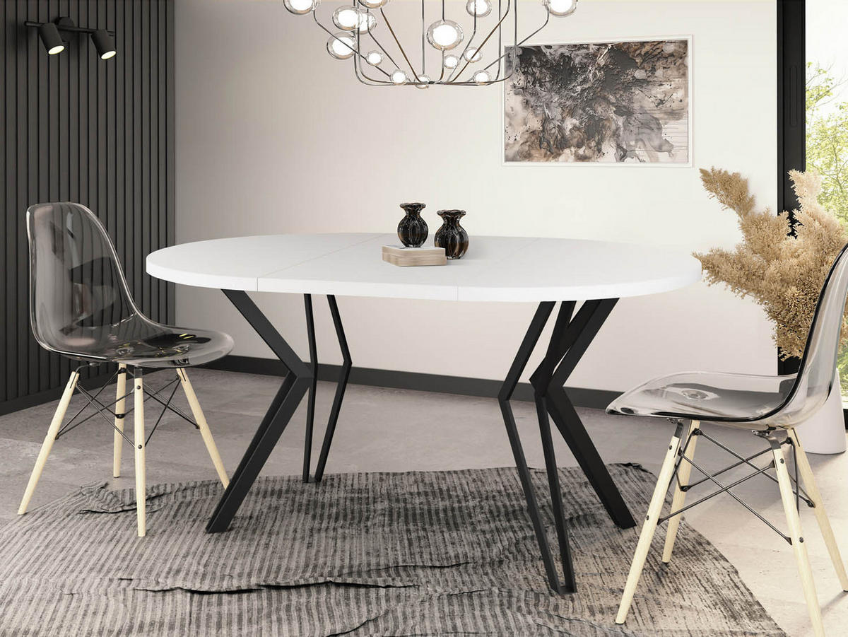 ESSTISCH Revena runder ausziehbarer, Weiß 100-180/100/76 cm - Schwarz/Weiß, Holzwerkstoff/Metall (100/100/76cm) - WFL GROUP