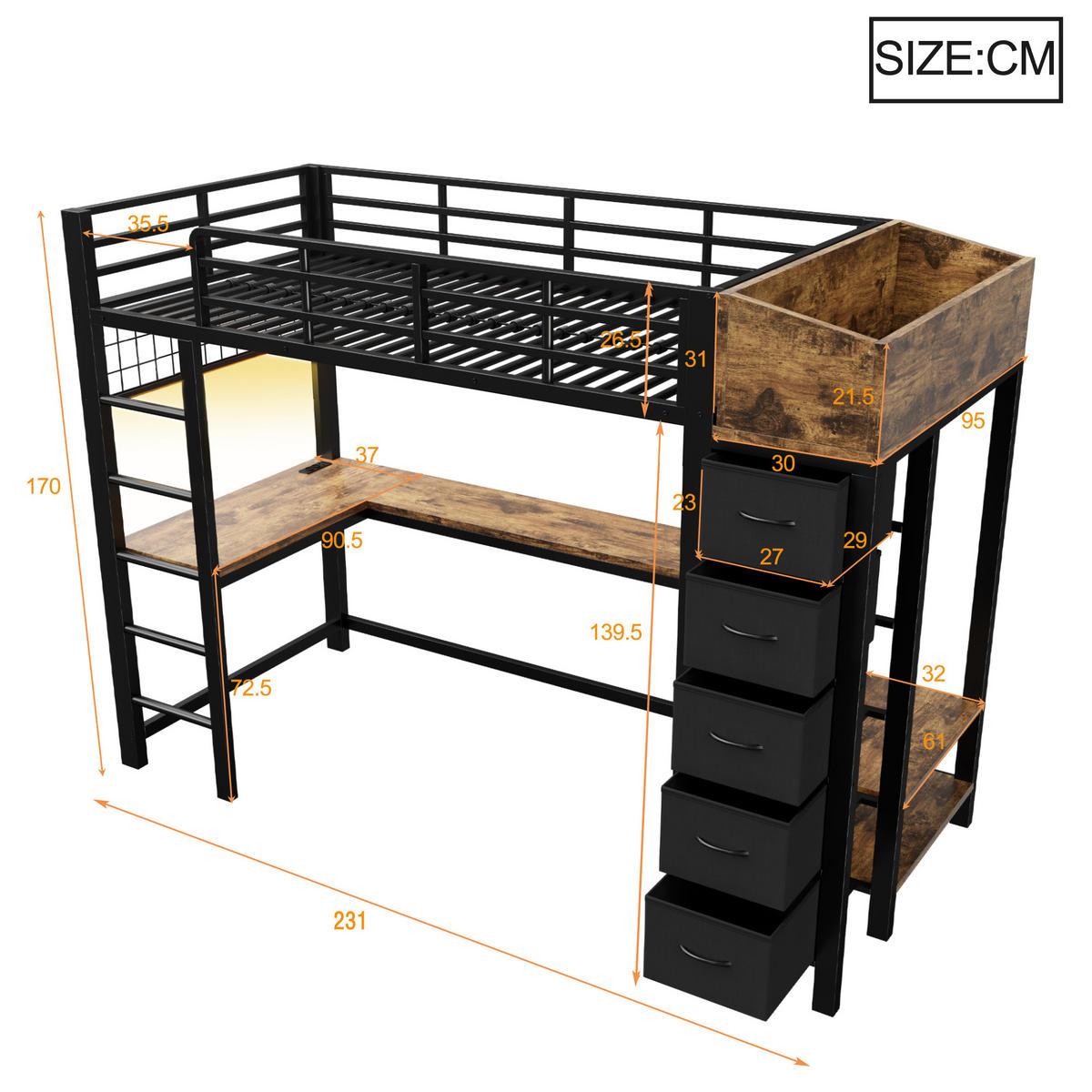 HOCHBETT 90x200cm Metall Gaming Schreibtisch LED USB Schwarz - Schwarz, Metall (90/200cm) - FLIEKS